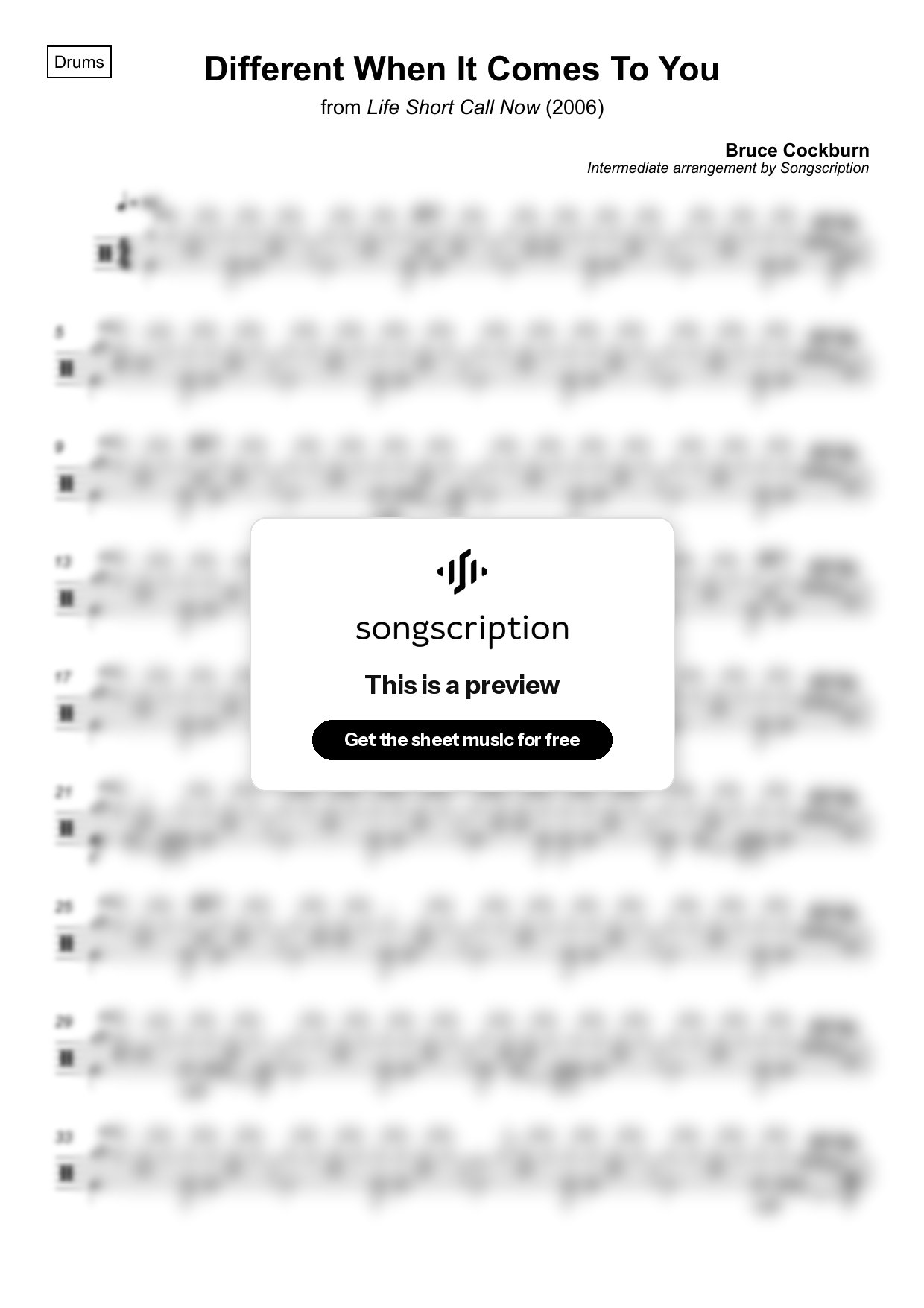 Intermediate Drums Sheet Music for "Different When It Comes To You" by Bruce Cockburn