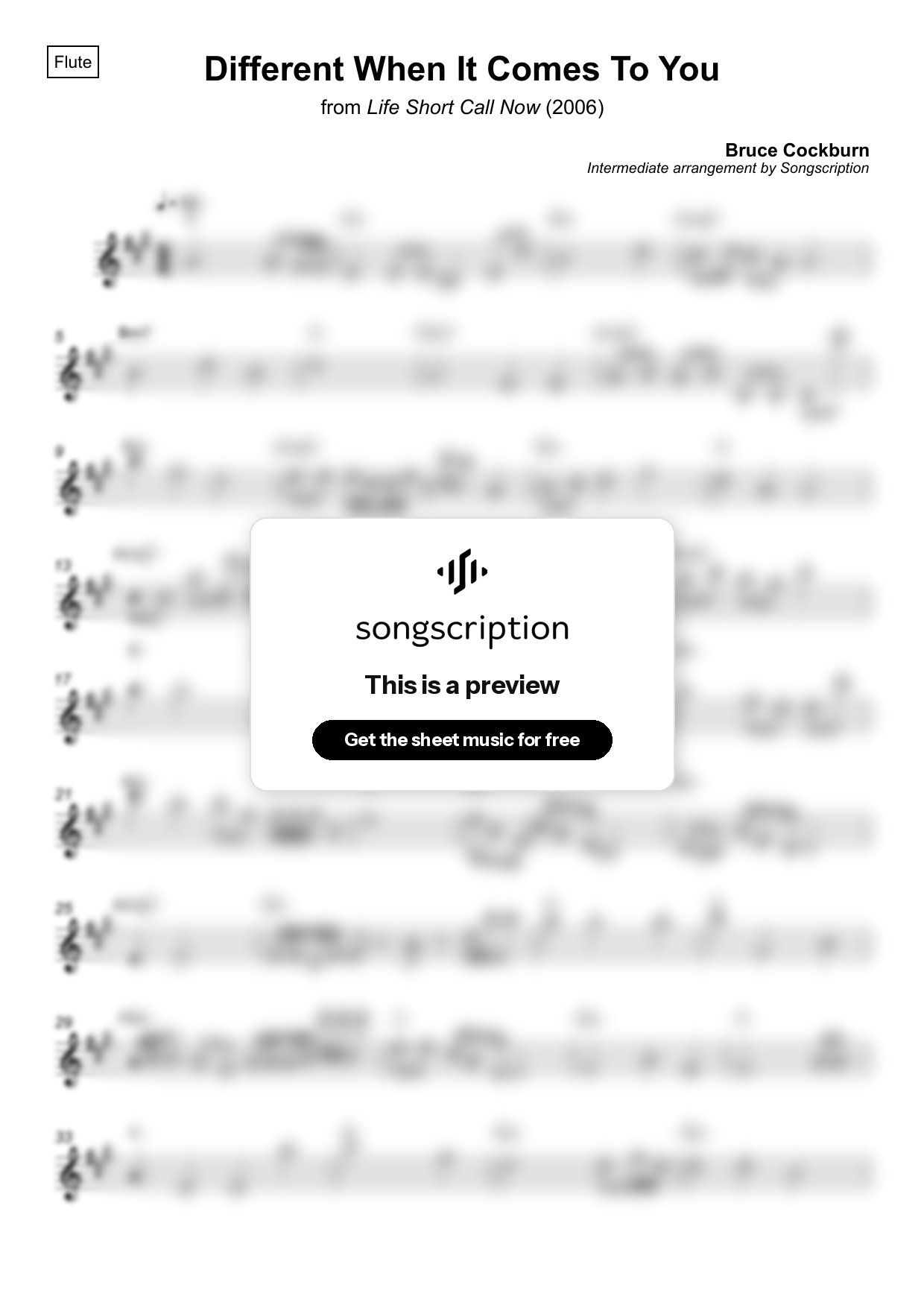 Intermediate Flute Sheet Music for "Different When It Comes To You" by Bruce Cockburn