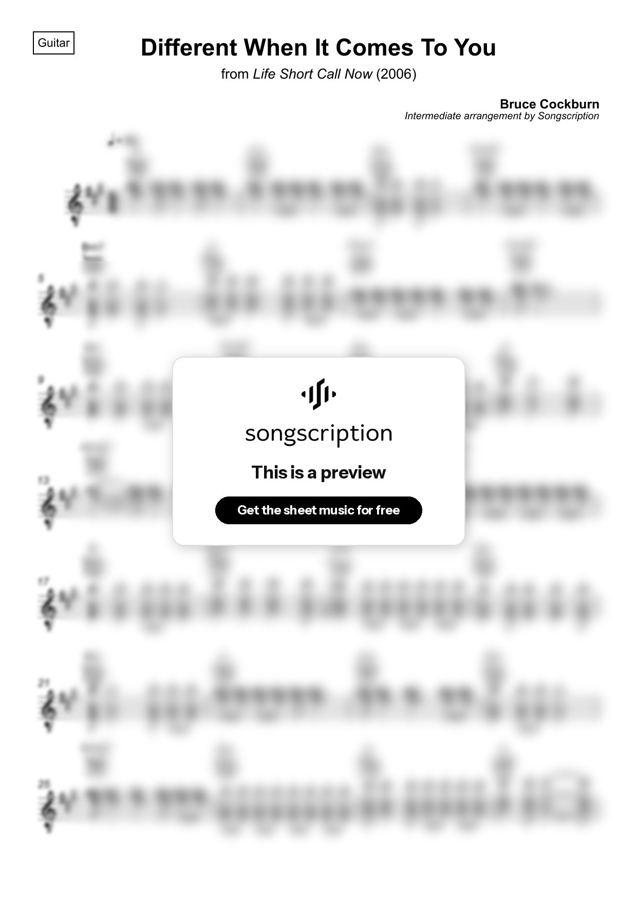 Intermediate Acoustic Guitar Sheet Music for "Different When It Comes To You" by Bruce Cockburn