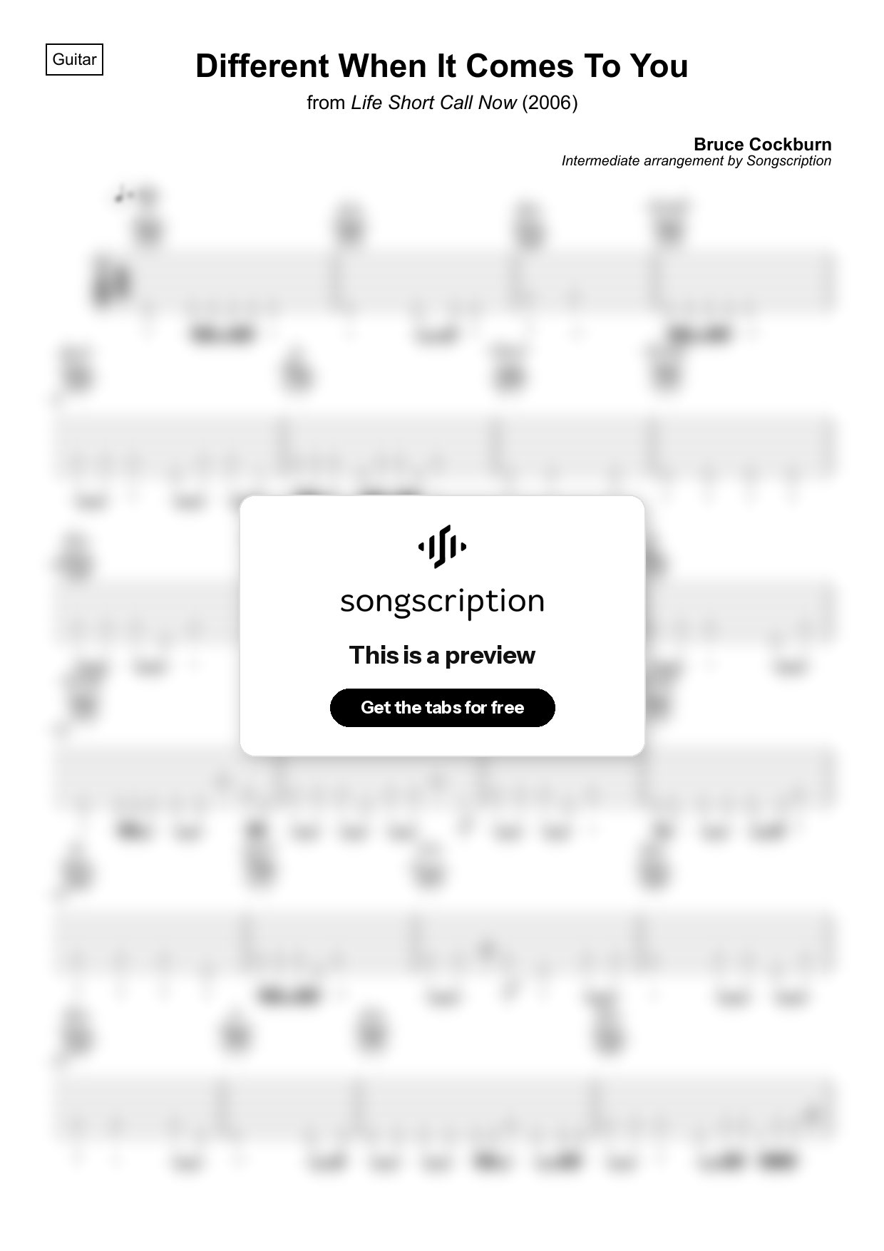 Intermediate Acoustic Guitar Tabs for "Different When It Comes To You" by Bruce Cockburn