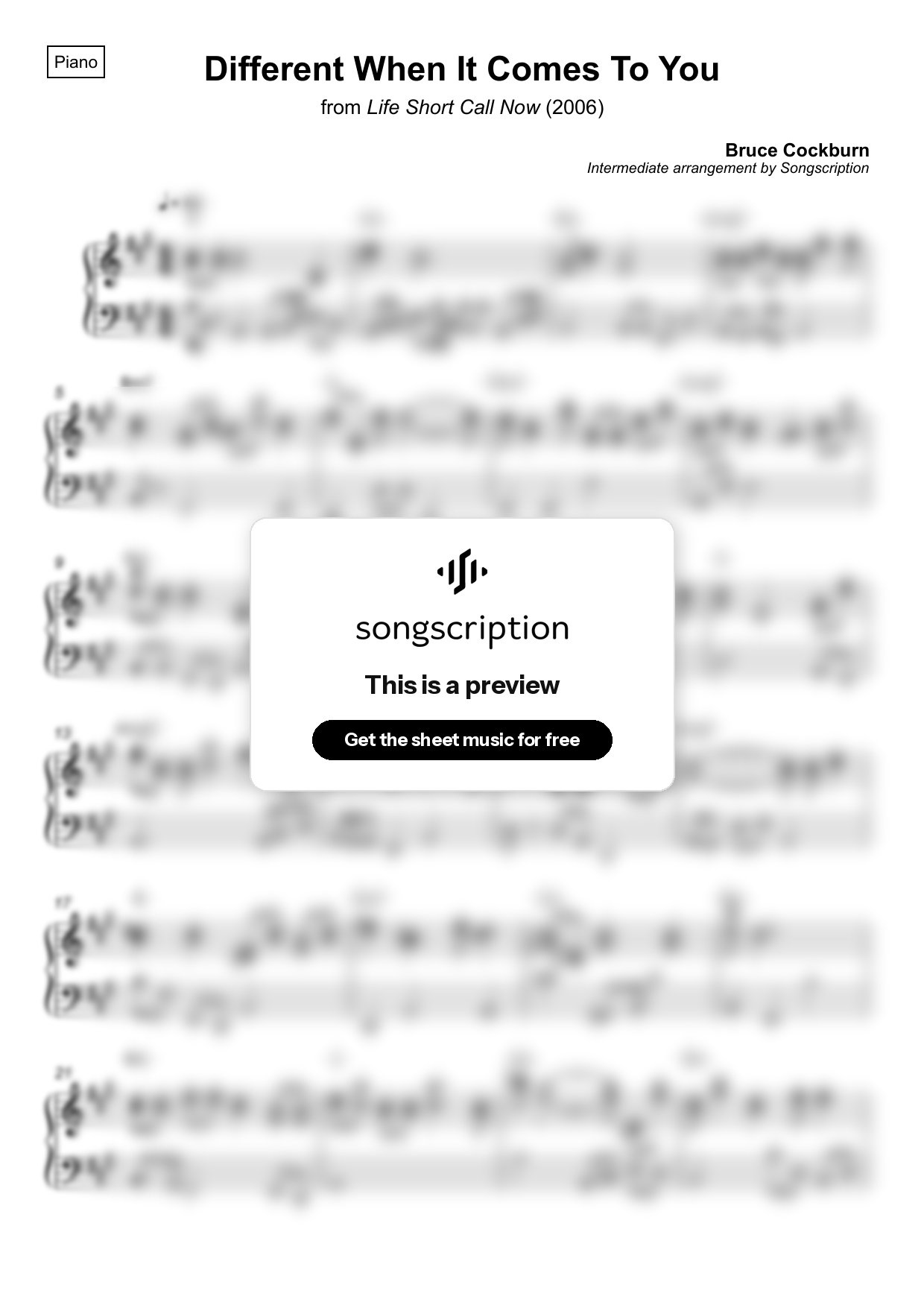Intermediate Piano Sheet Music for "Different When It Comes To You" by Bruce Cockburn