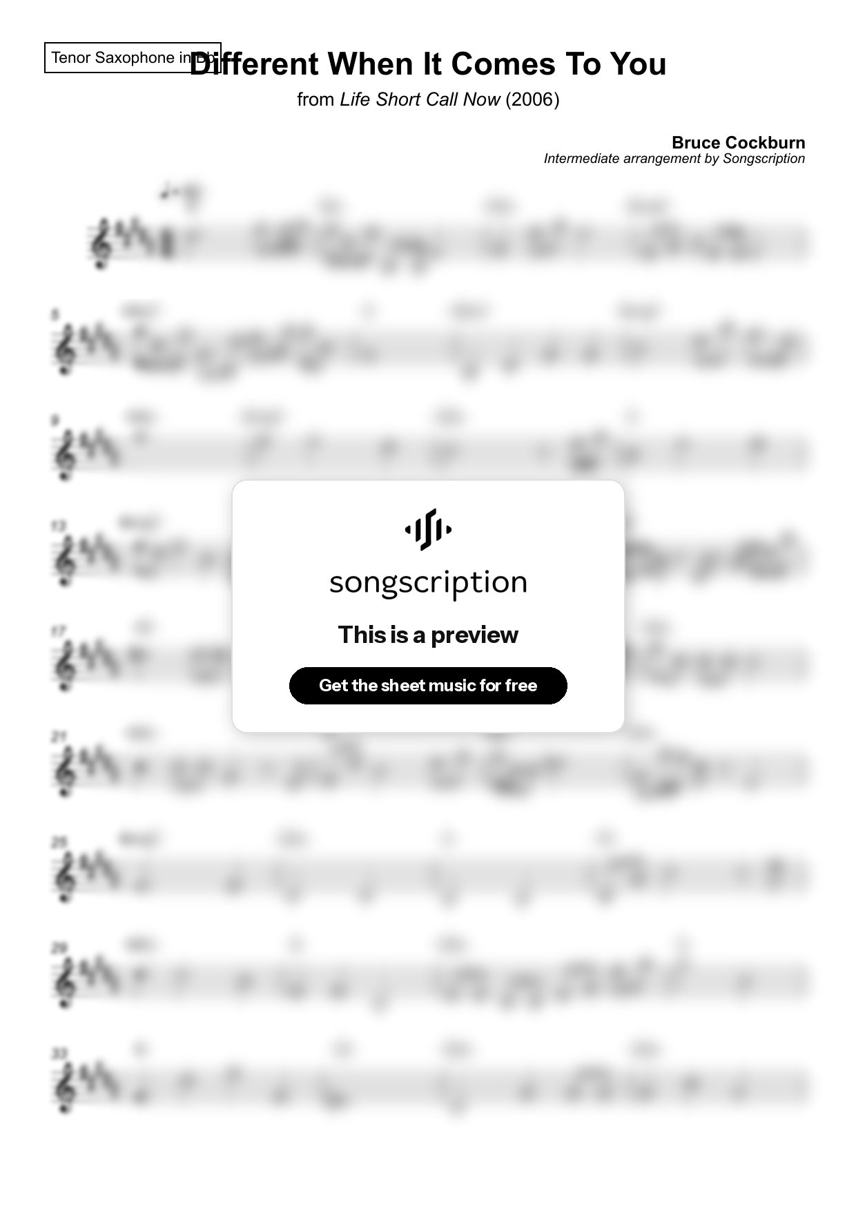 Intermediate Tenor Sax Sheet Music for "Different When It Comes To You" by Bruce Cockburn