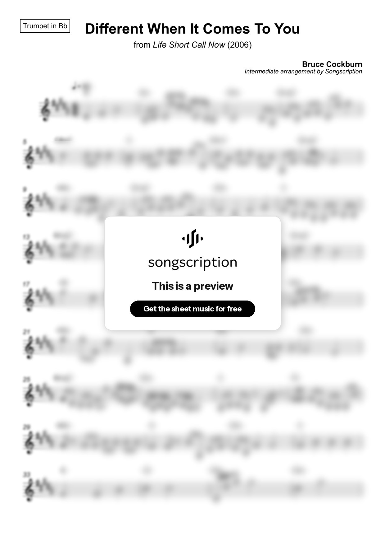 Intermediate Trumpet Sheet Music for "Different When It Comes To You" by Bruce Cockburn
