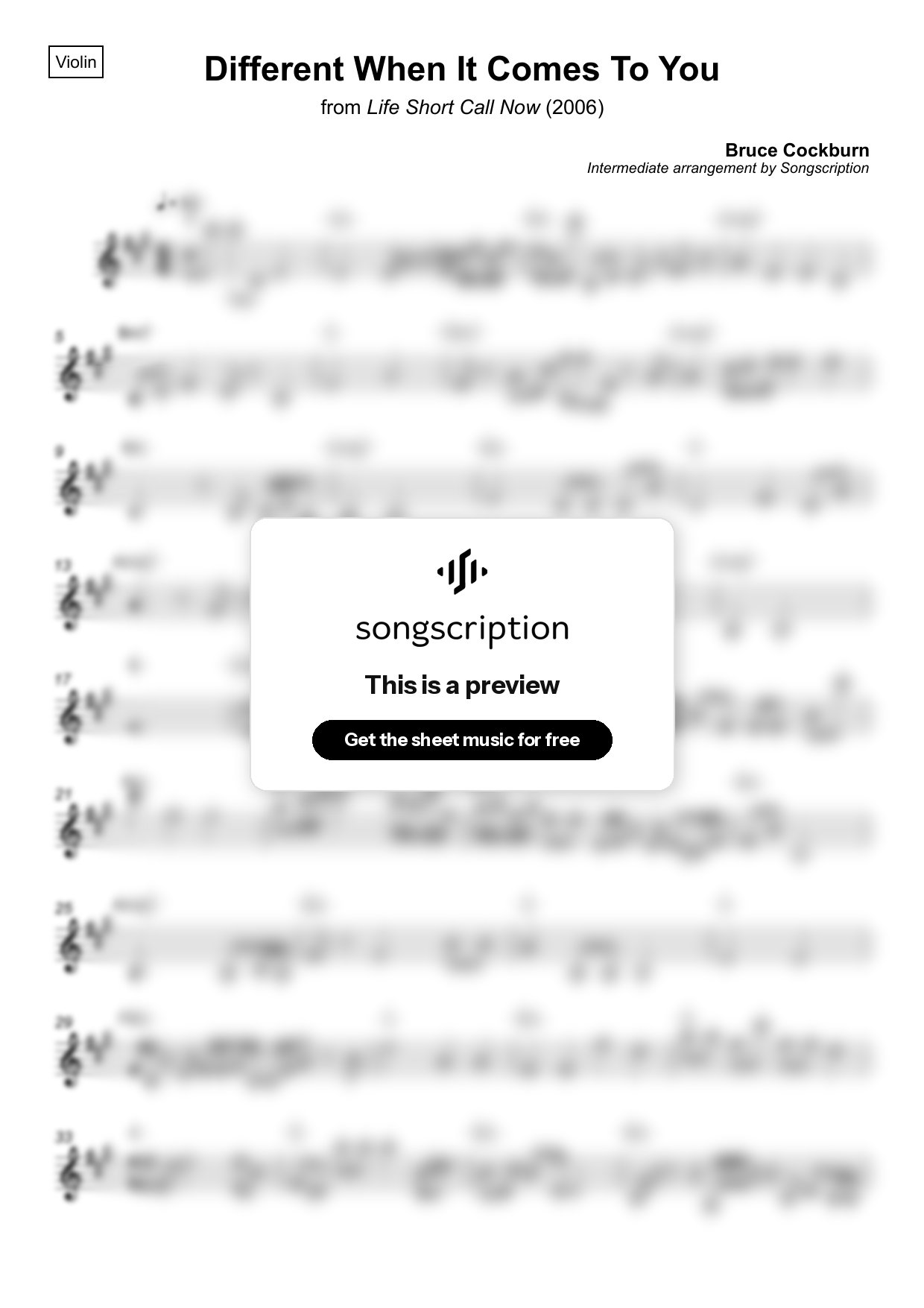 Intermediate Violin Sheet Music for "Different When It Comes To You" by Bruce Cockburn