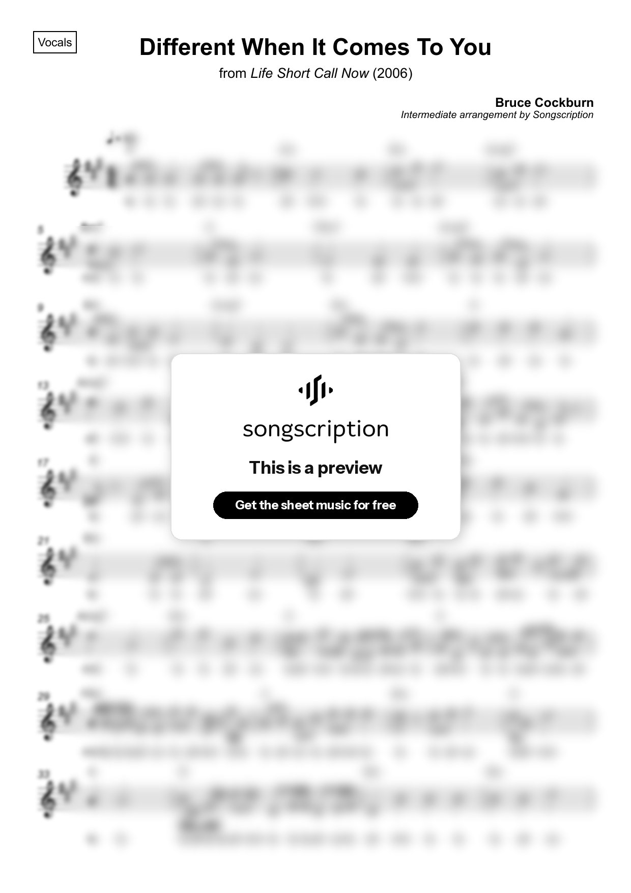 Intermediate Vocals Sheet Music for "Different When It Comes To You" by Bruce Cockburn
