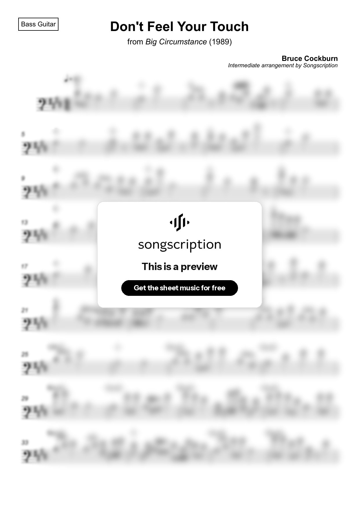 Intermediate Bass Guitar Sheet Music for "Don't Feel Your Touch" by Bruce Cockburn