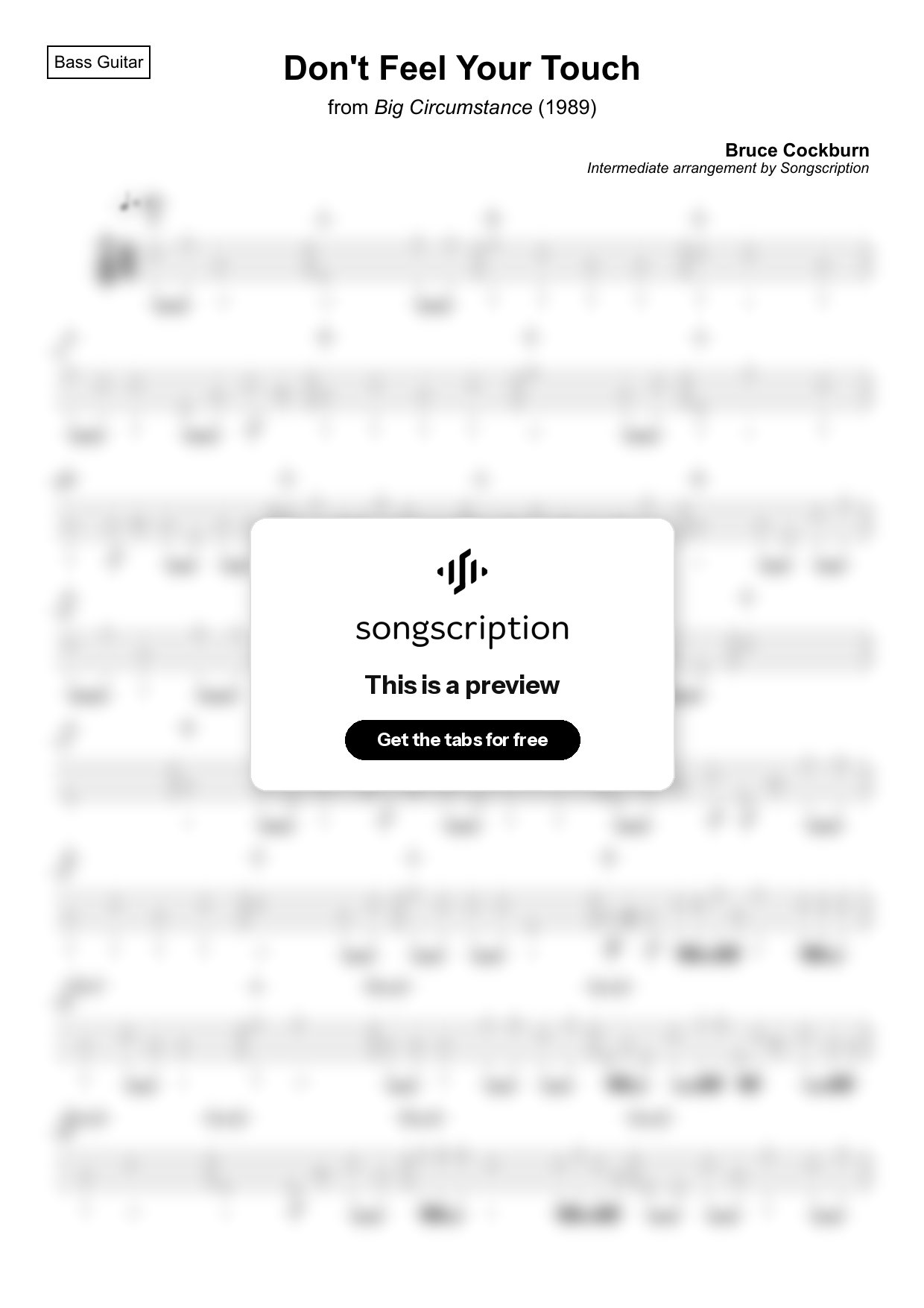 Intermediate Bass Guitar Tabs for "Don't Feel Your Touch" by Bruce Cockburn