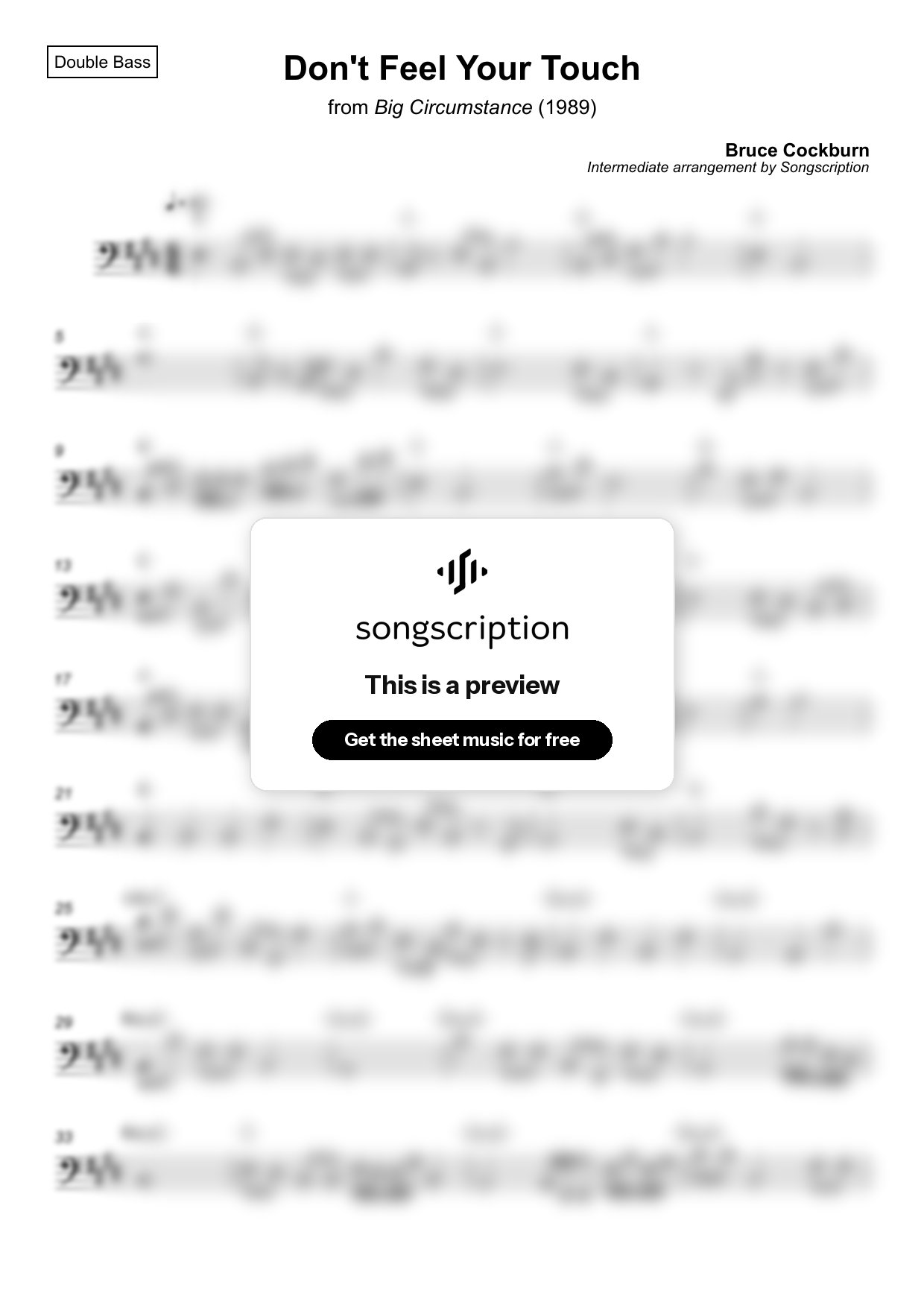 Intermediate Double Bass Sheet Music for "Don't Feel Your Touch" by Bruce Cockburn