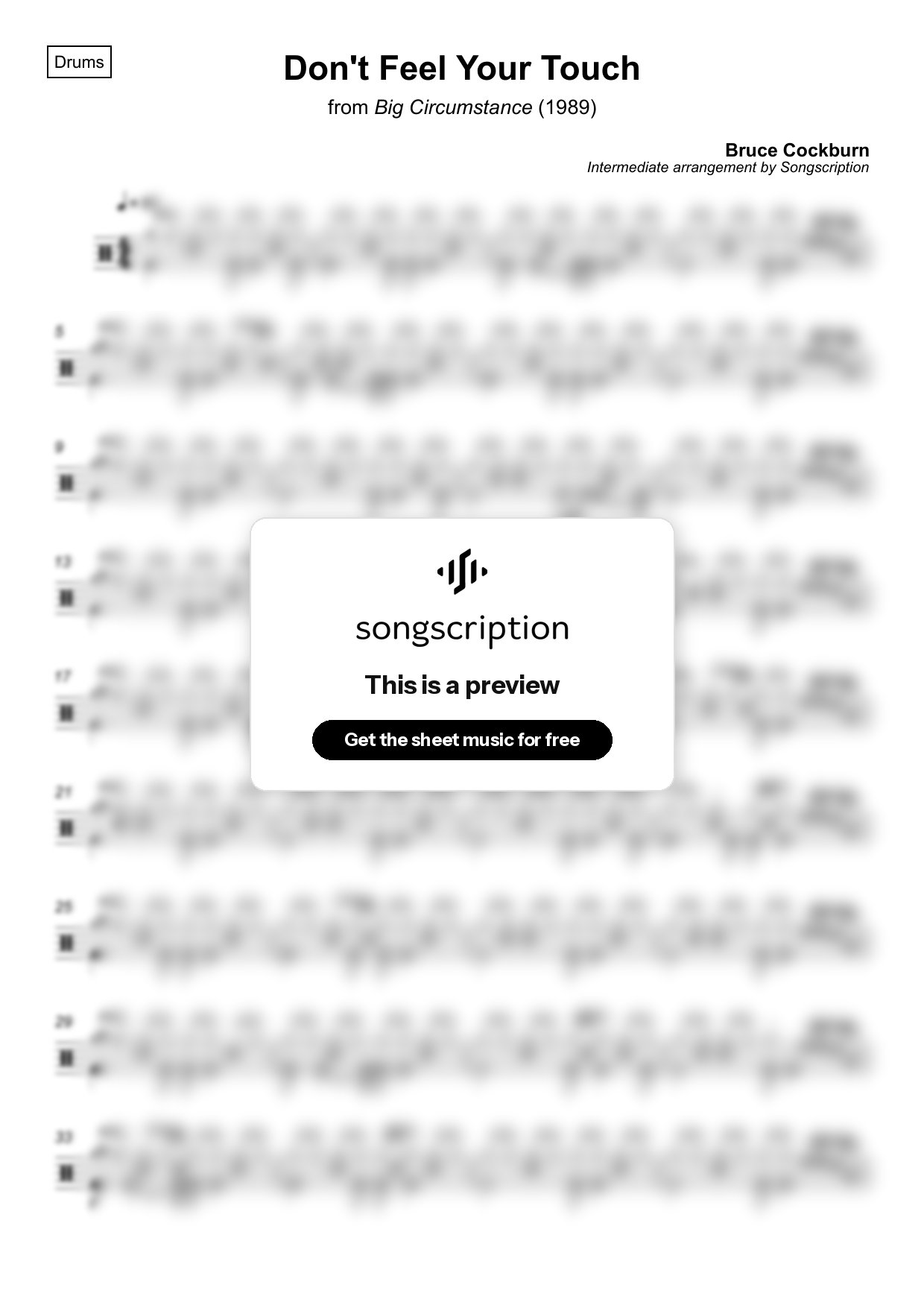 Intermediate Drums Sheet Music for "Don't Feel Your Touch" by Bruce Cockburn