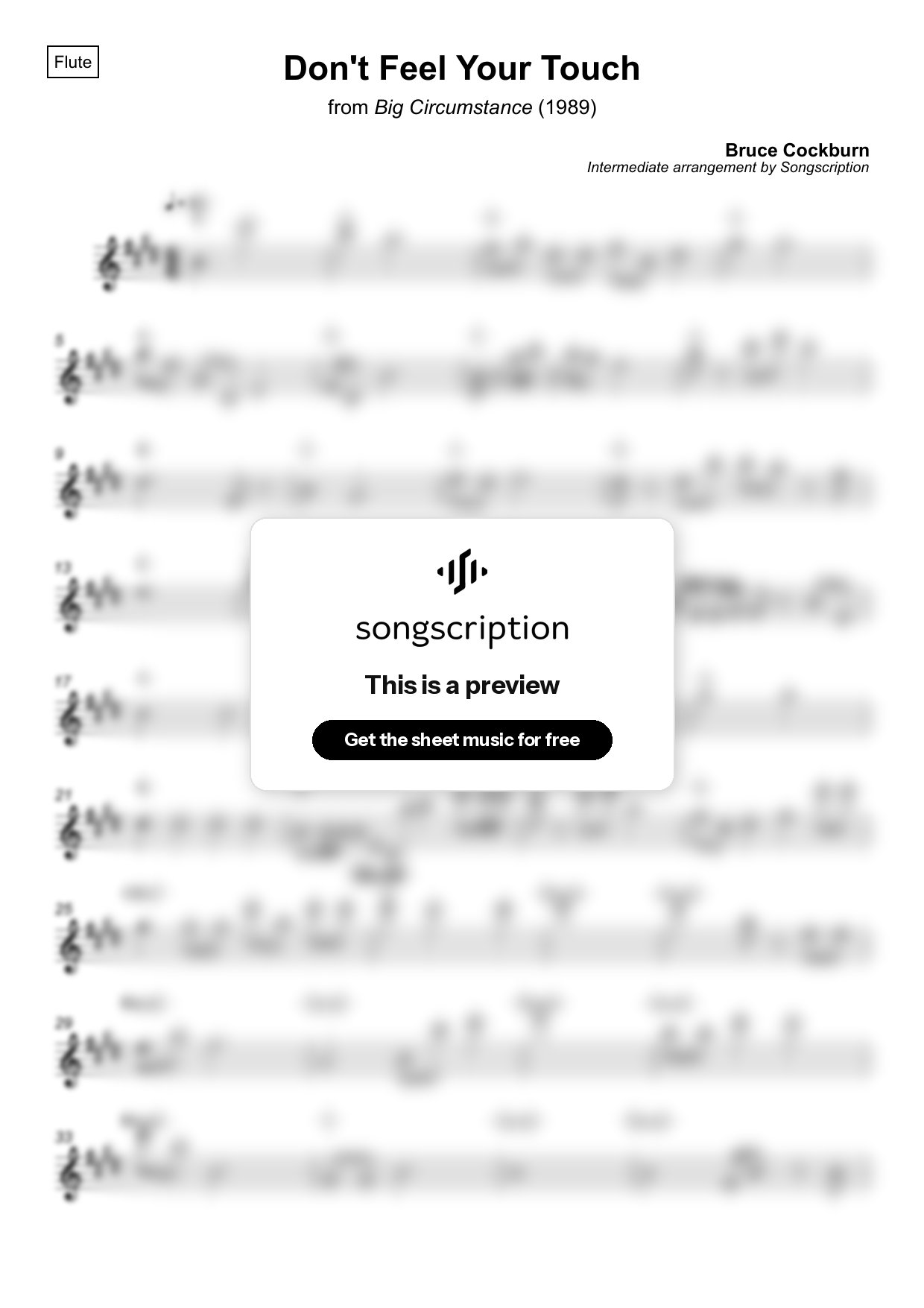 Intermediate Flute Sheet Music for "Don't Feel Your Touch" by Bruce Cockburn