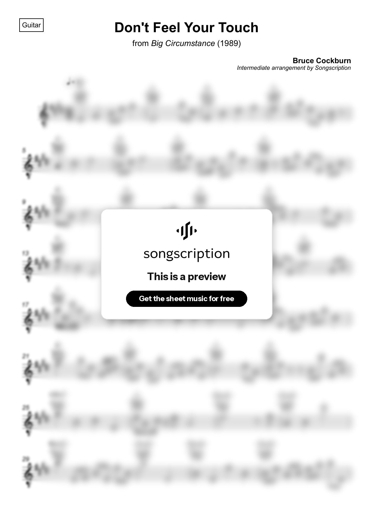 Intermediate Acoustic Guitar Sheet Music for "Don't Feel Your Touch" by Bruce Cockburn