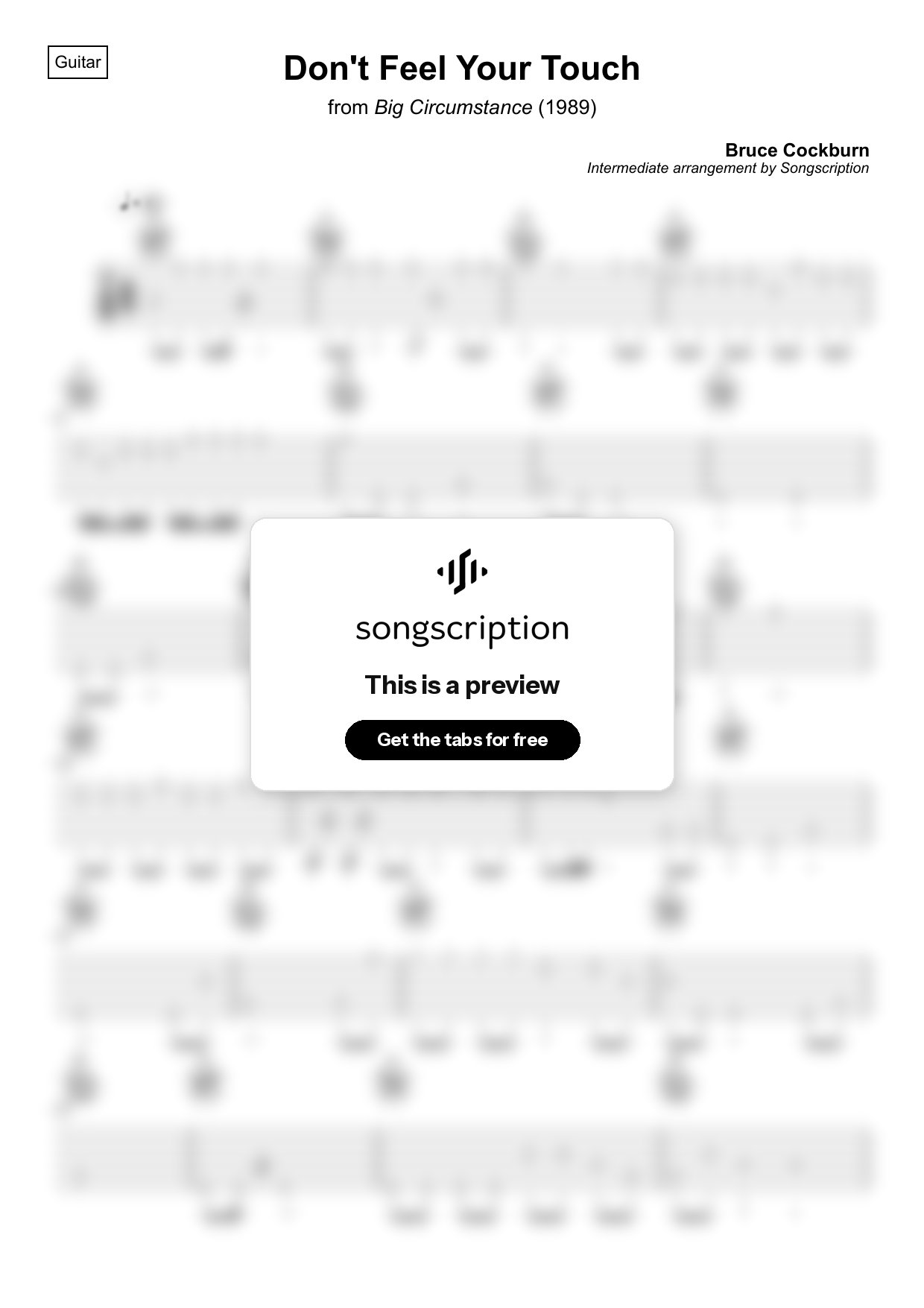 Intermediate Acoustic Guitar Tabs for "Don't Feel Your Touch" by Bruce Cockburn