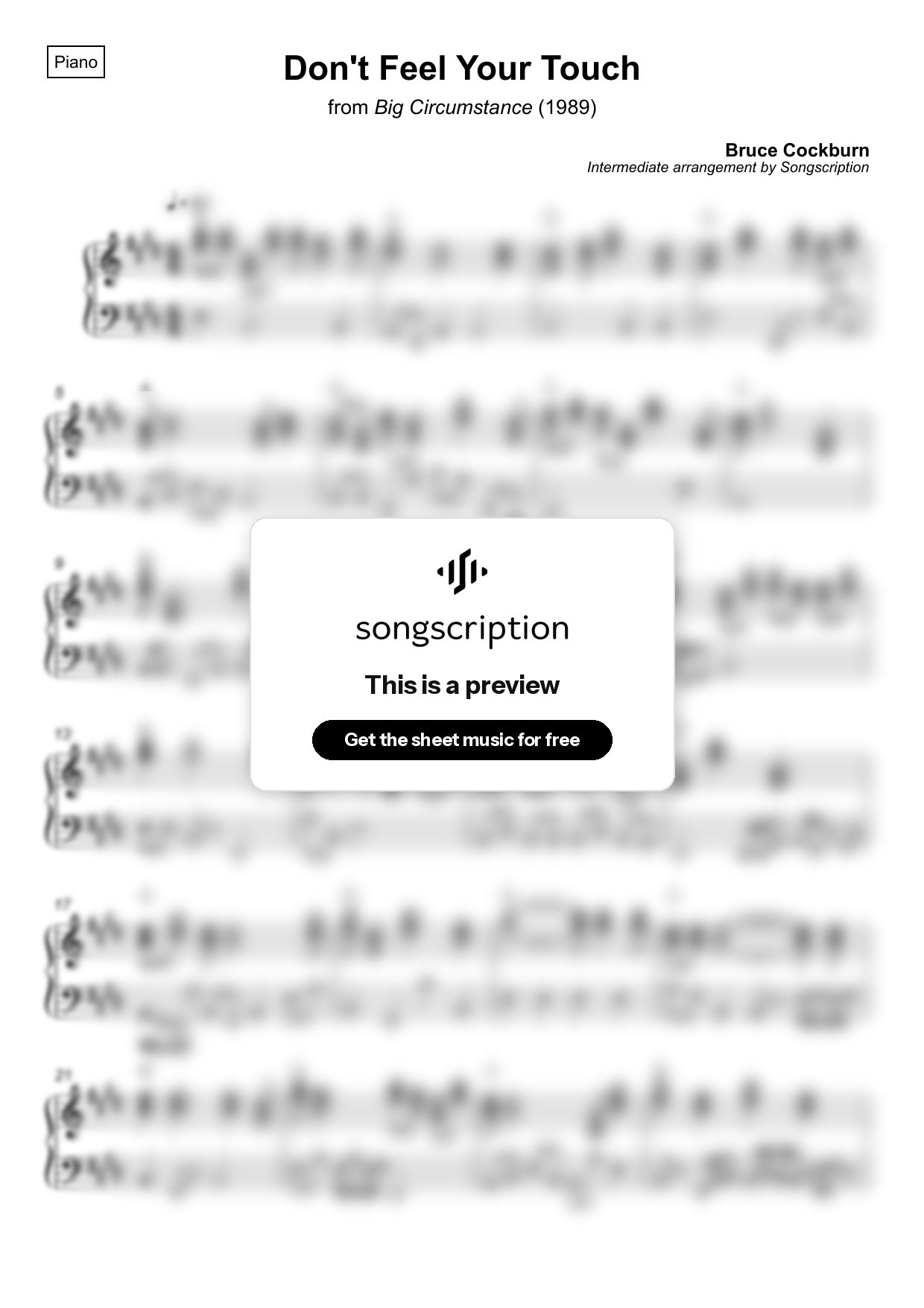 Intermediate Piano Sheet Music for "Don't Feel Your Touch" by Bruce Cockburn