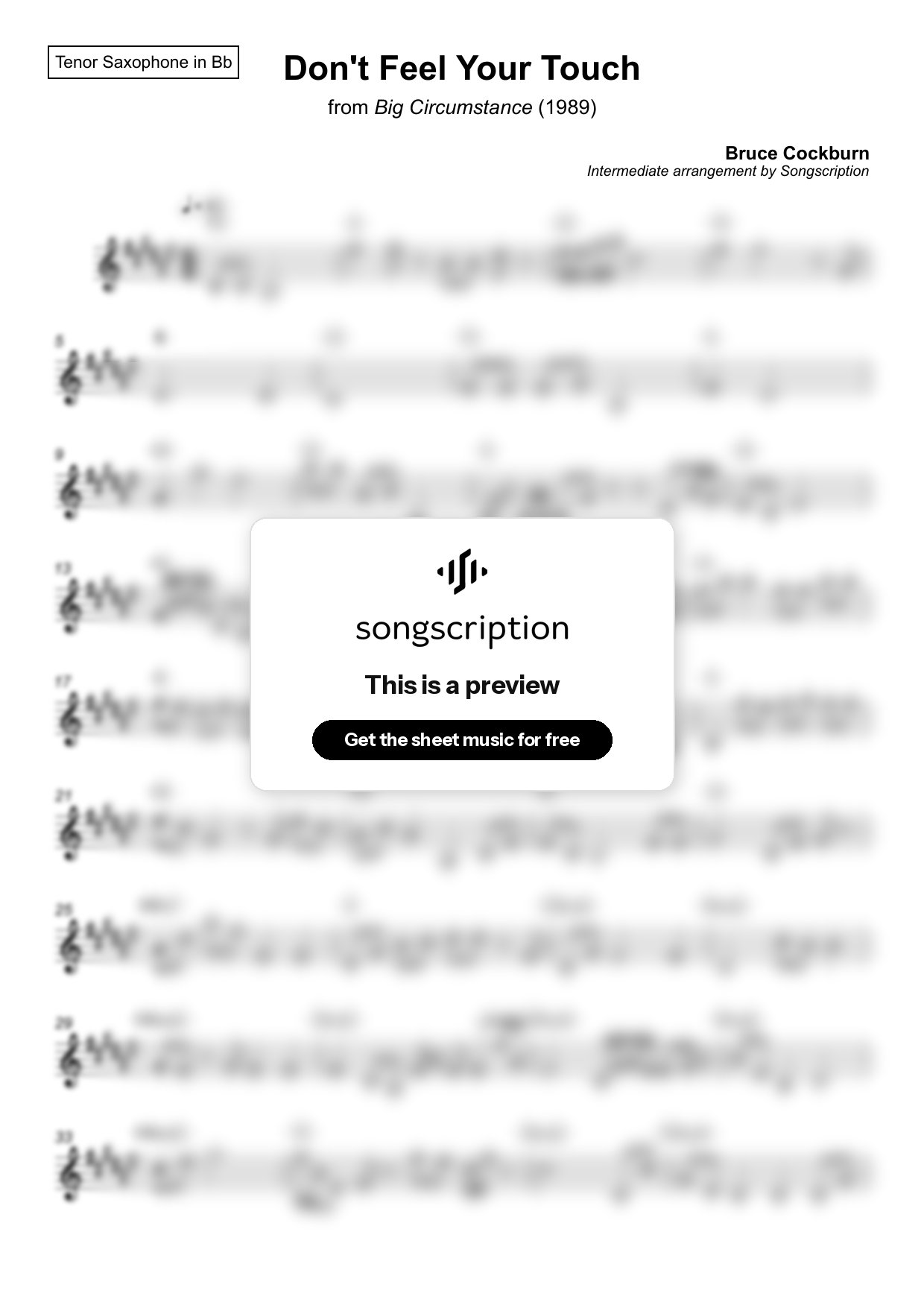 Intermediate Tenor Sax Sheet Music for "Don't Feel Your Touch" by Bruce Cockburn