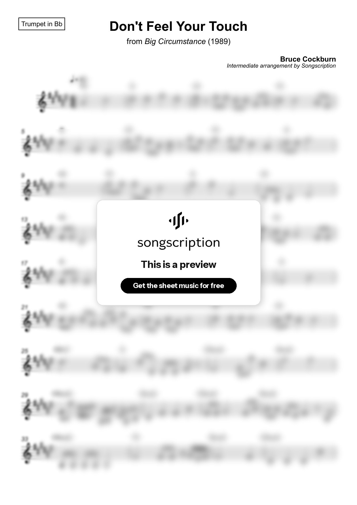 Intermediate Trumpet Sheet Music for "Don't Feel Your Touch" by Bruce Cockburn