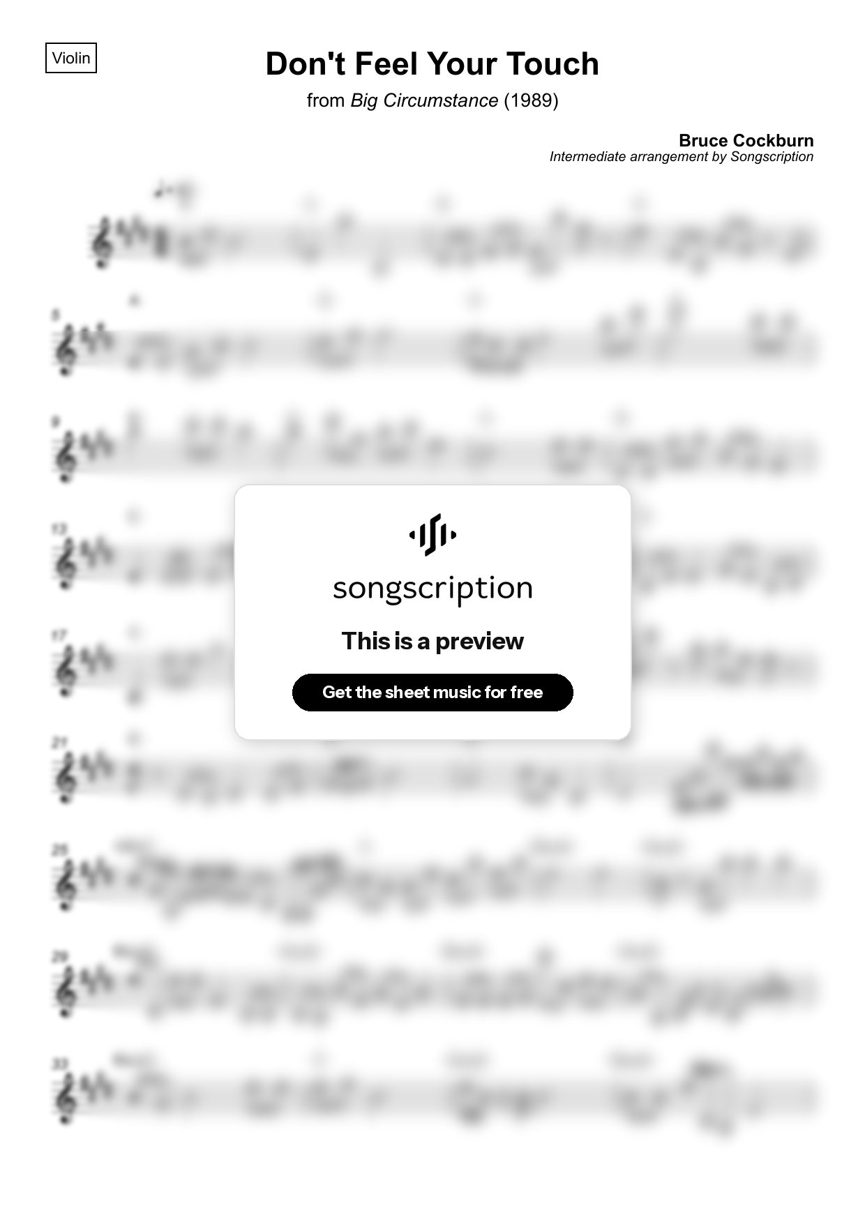 Intermediate Violin Sheet Music for "Don't Feel Your Touch" by Bruce Cockburn