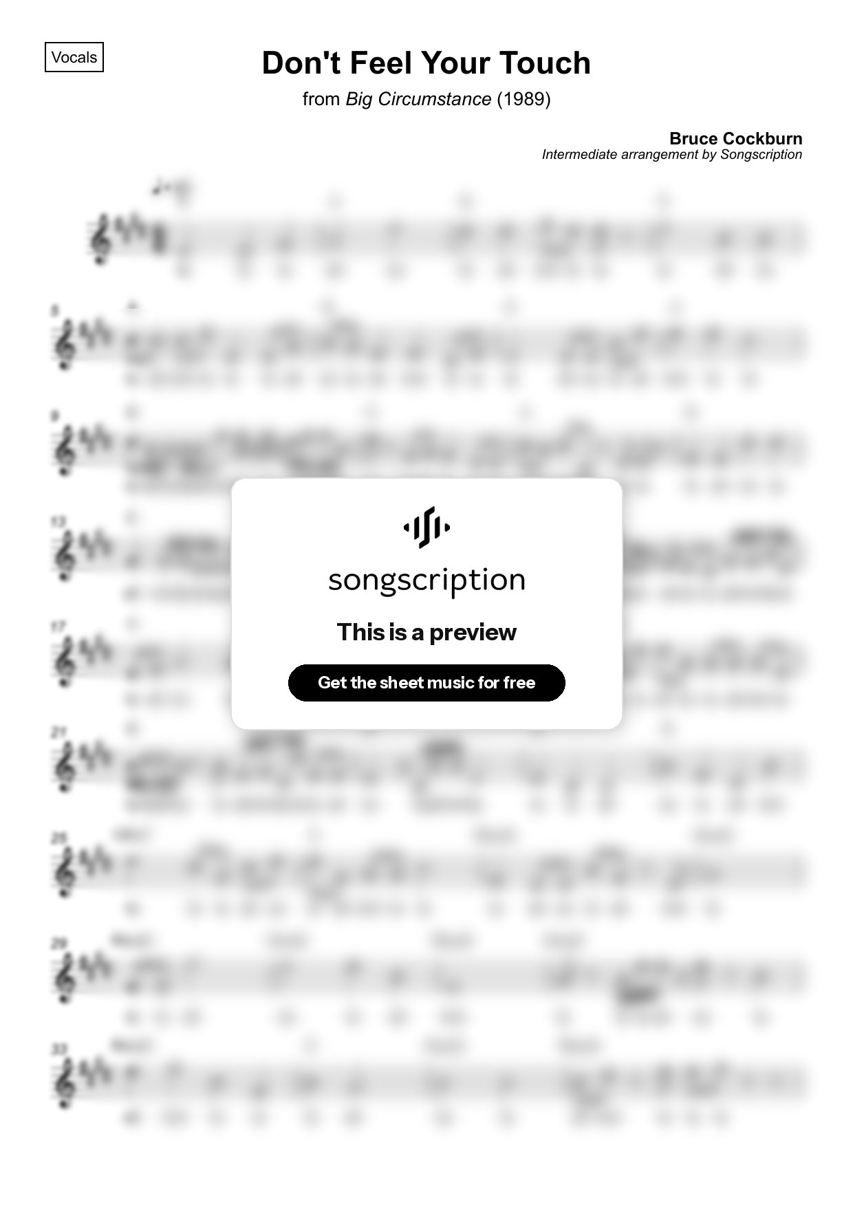 Intermediate Vocals Sheet Music for "Don't Feel Your Touch" by Bruce Cockburn