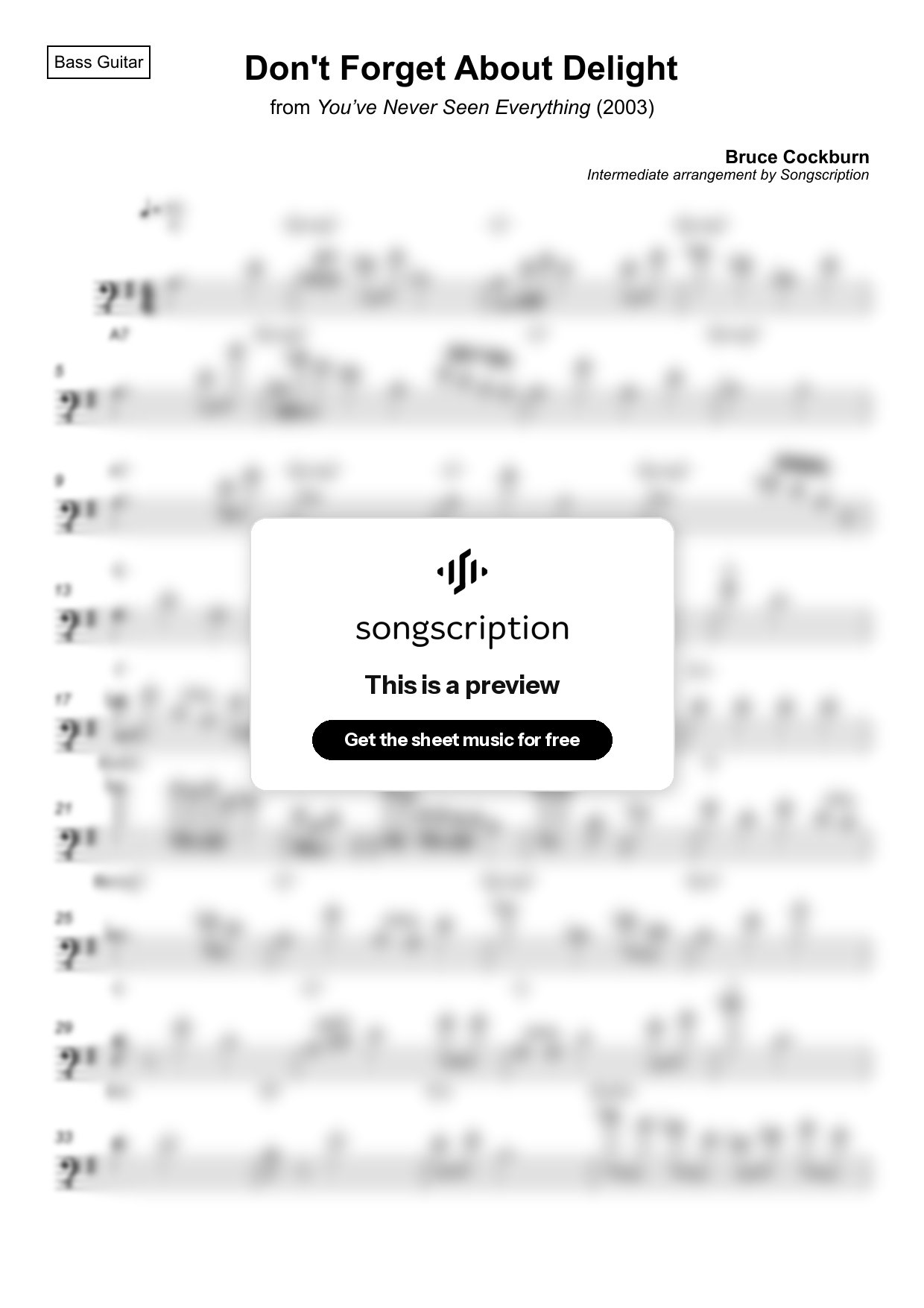 Intermediate Bass Guitar Sheet Music for "Don't Forget About Delight" by Bruce Cockburn