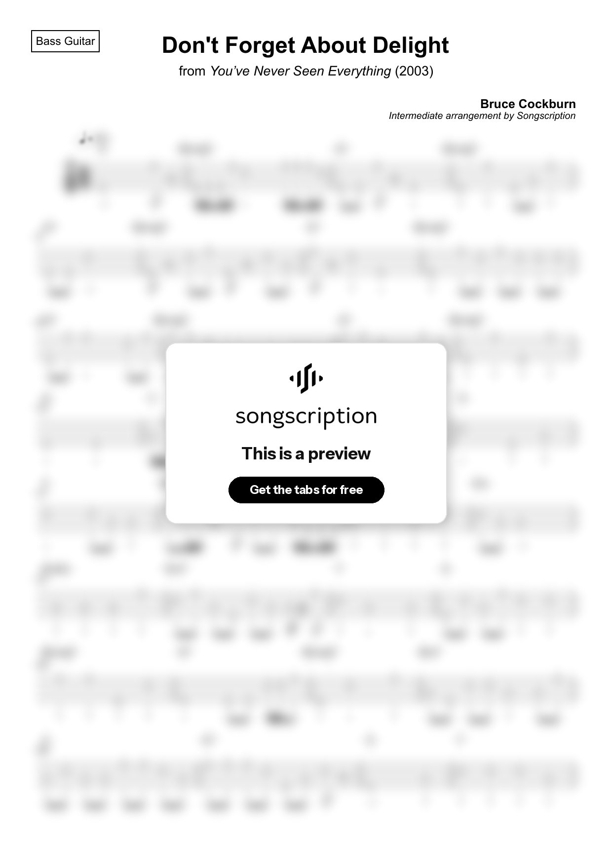 Intermediate Bass Guitar Tabs for "Don't Forget About Delight" by Bruce Cockburn