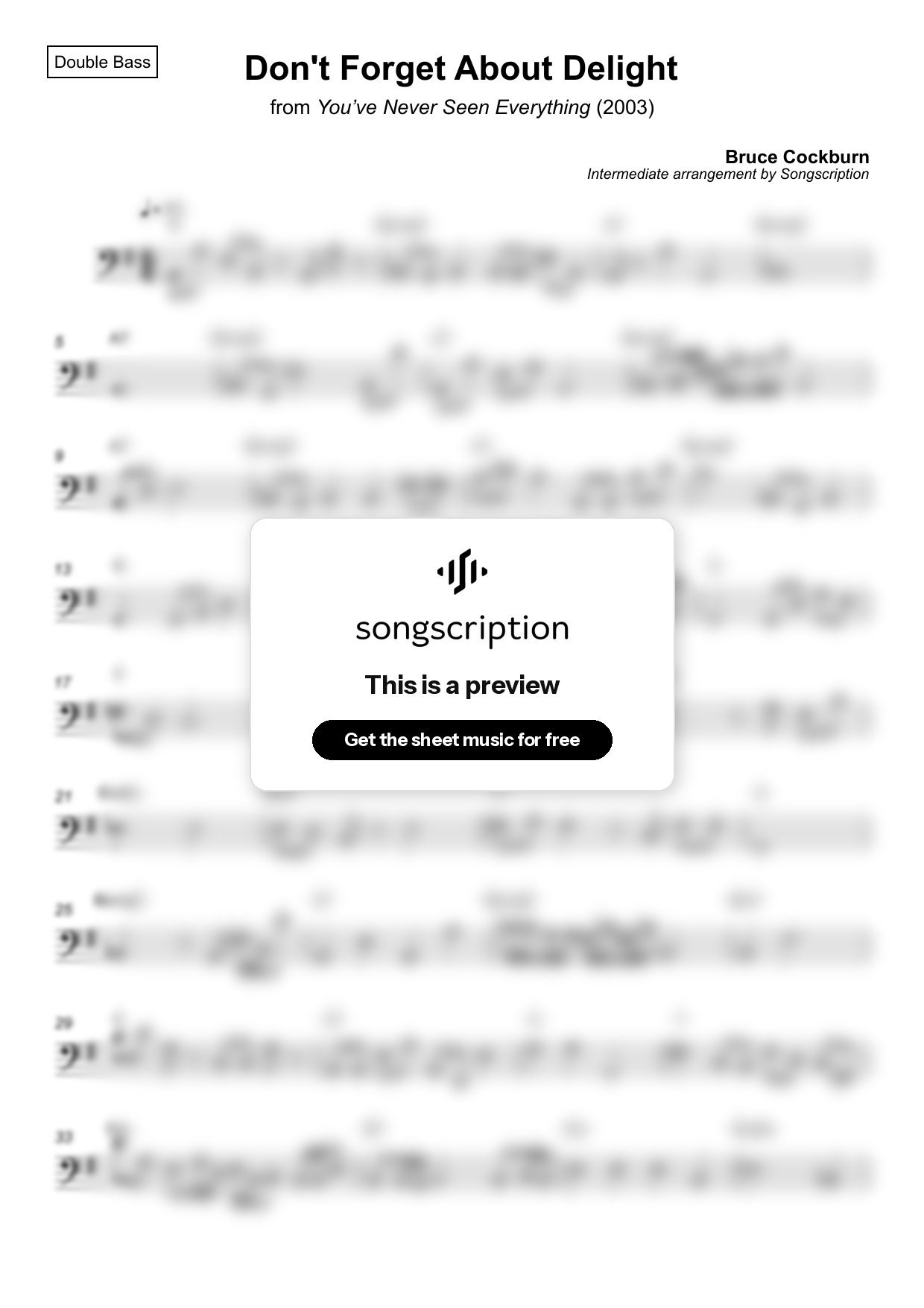 Intermediate Double Bass Sheet Music for "Don't Forget About Delight" by Bruce Cockburn