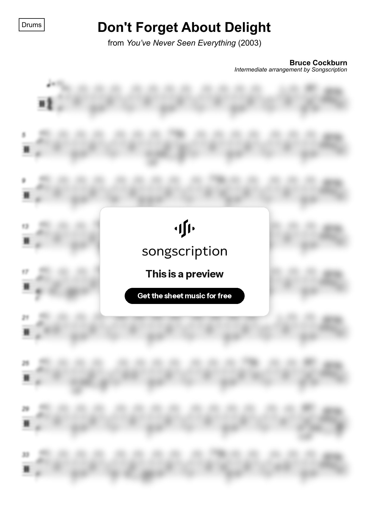 Intermediate Drums Sheet Music for "Don't Forget About Delight" by Bruce Cockburn