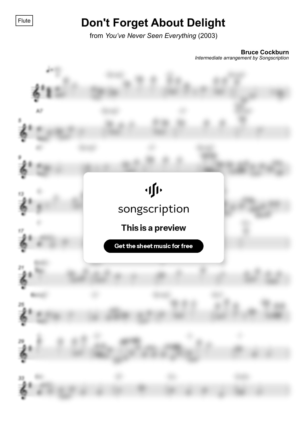 Intermediate Flute Sheet Music for "Don't Forget About Delight" by Bruce Cockburn
