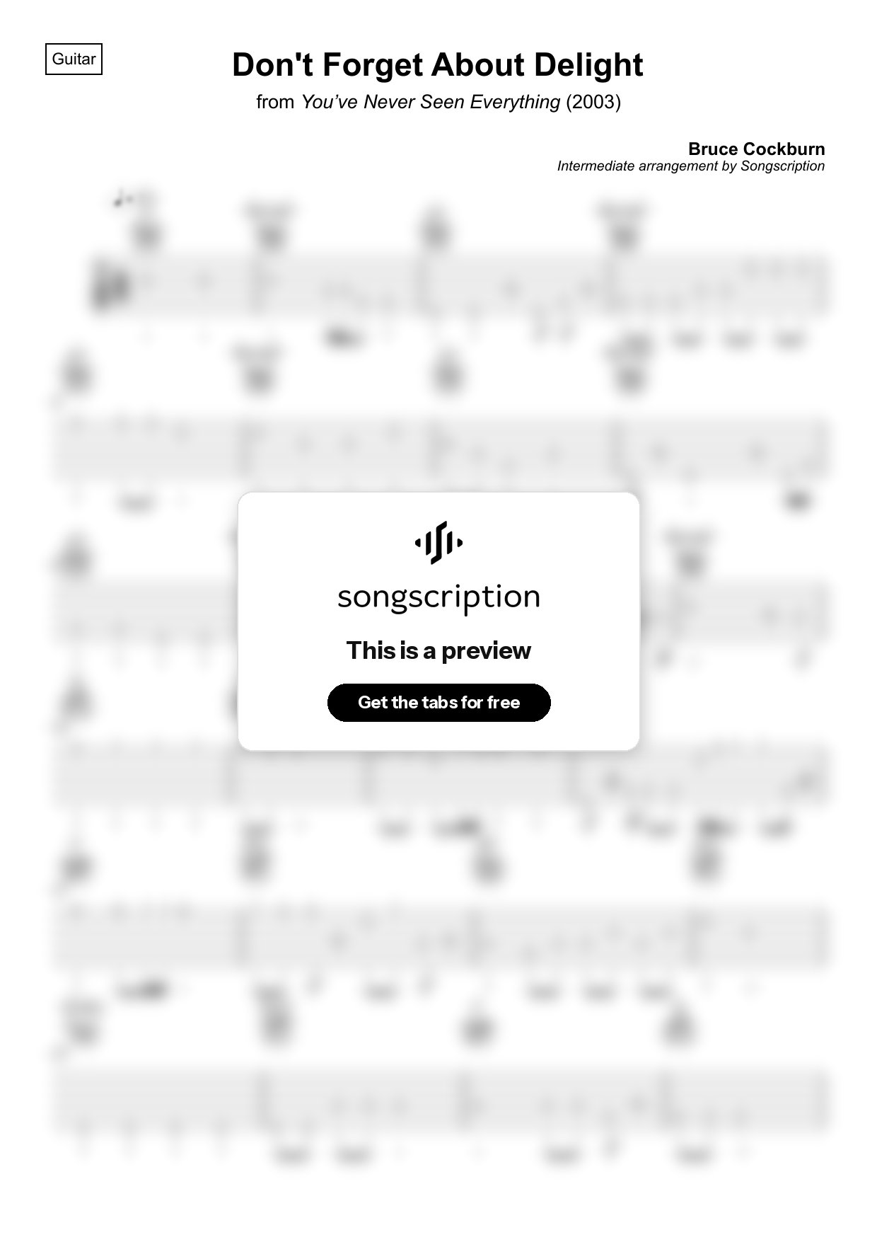 Intermediate Acoustic Guitar Tabs for "Don't Forget About Delight" by Bruce Cockburn