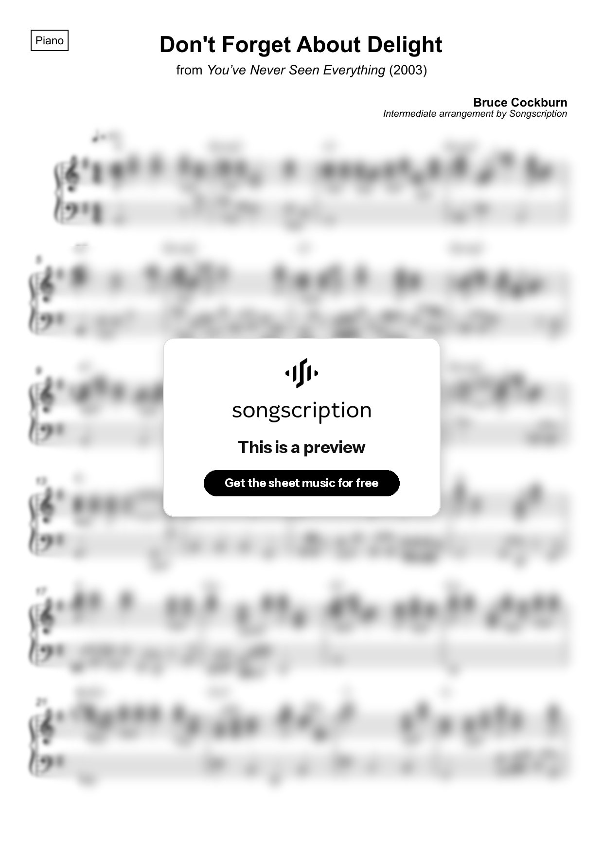 Intermediate Piano Sheet Music for "Don't Forget About Delight" by Bruce Cockburn