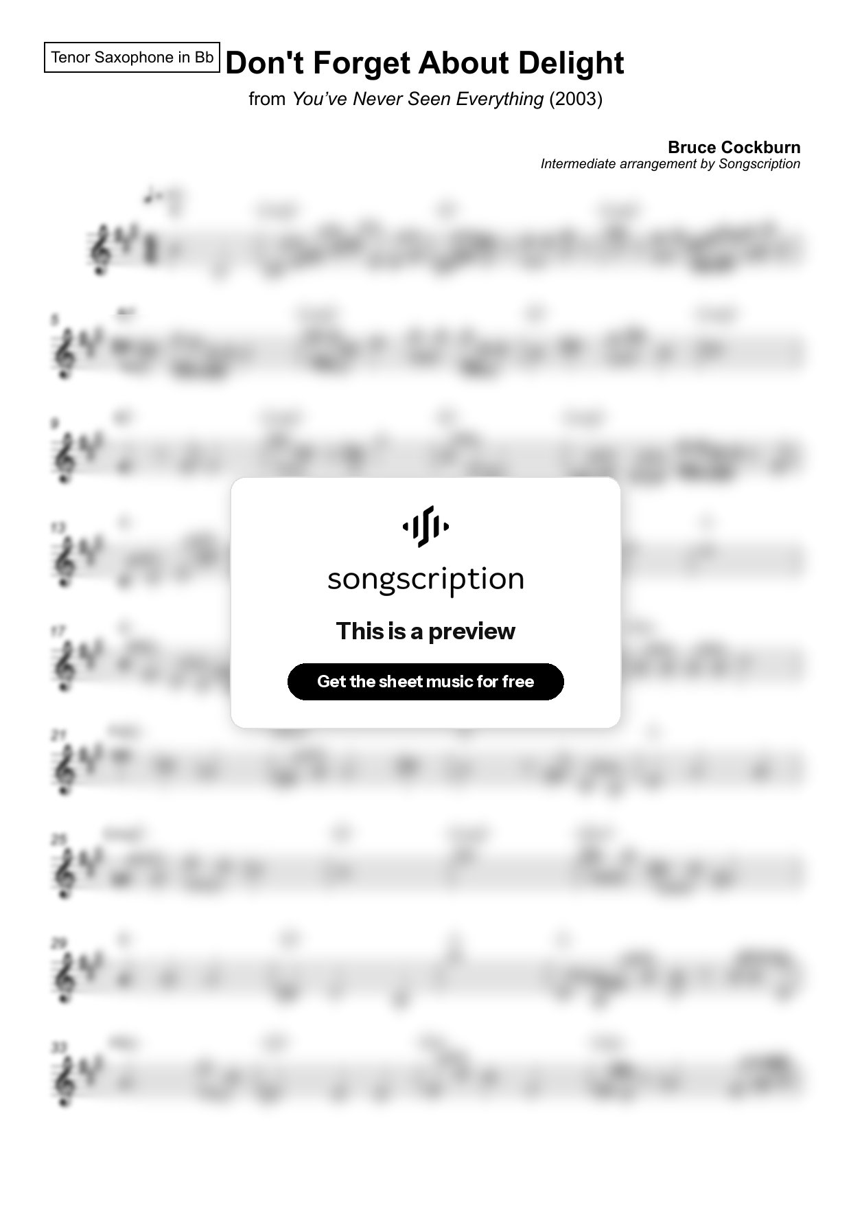 Intermediate Tenor Sax Sheet Music for "Don't Forget About Delight" by Bruce Cockburn