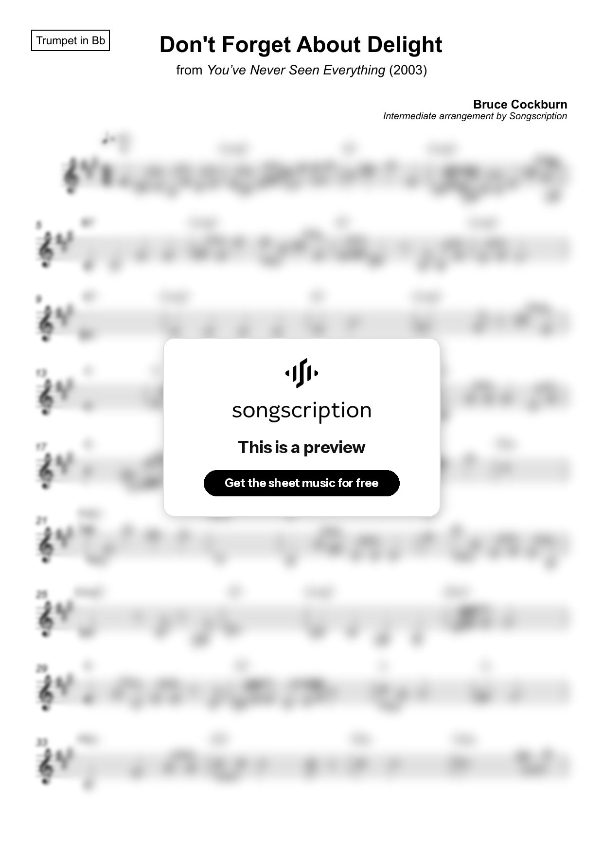 Intermediate Trumpet Sheet Music for "Don't Forget About Delight" by Bruce Cockburn