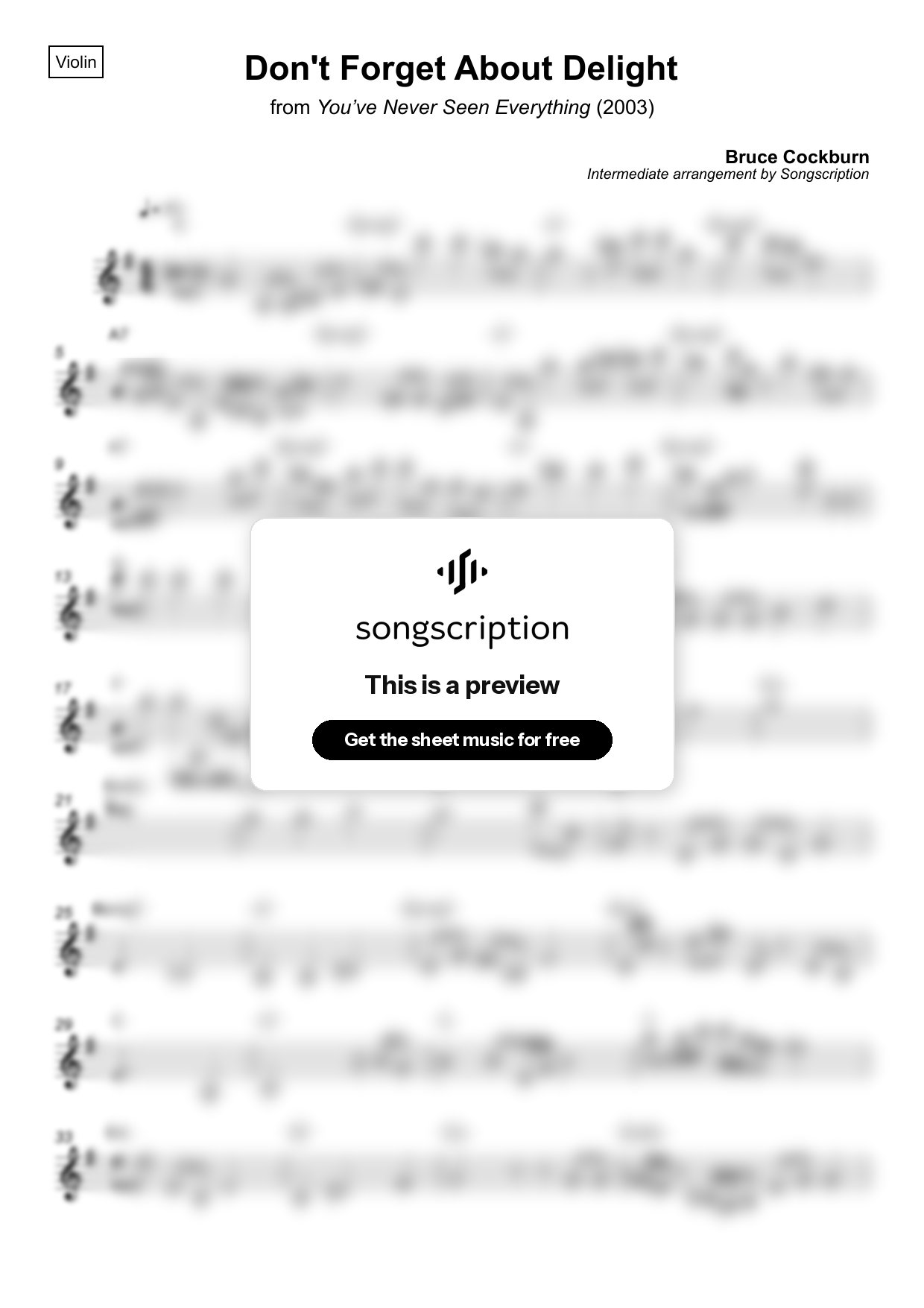 Intermediate Violin Sheet Music for "Don't Forget About Delight" by Bruce Cockburn