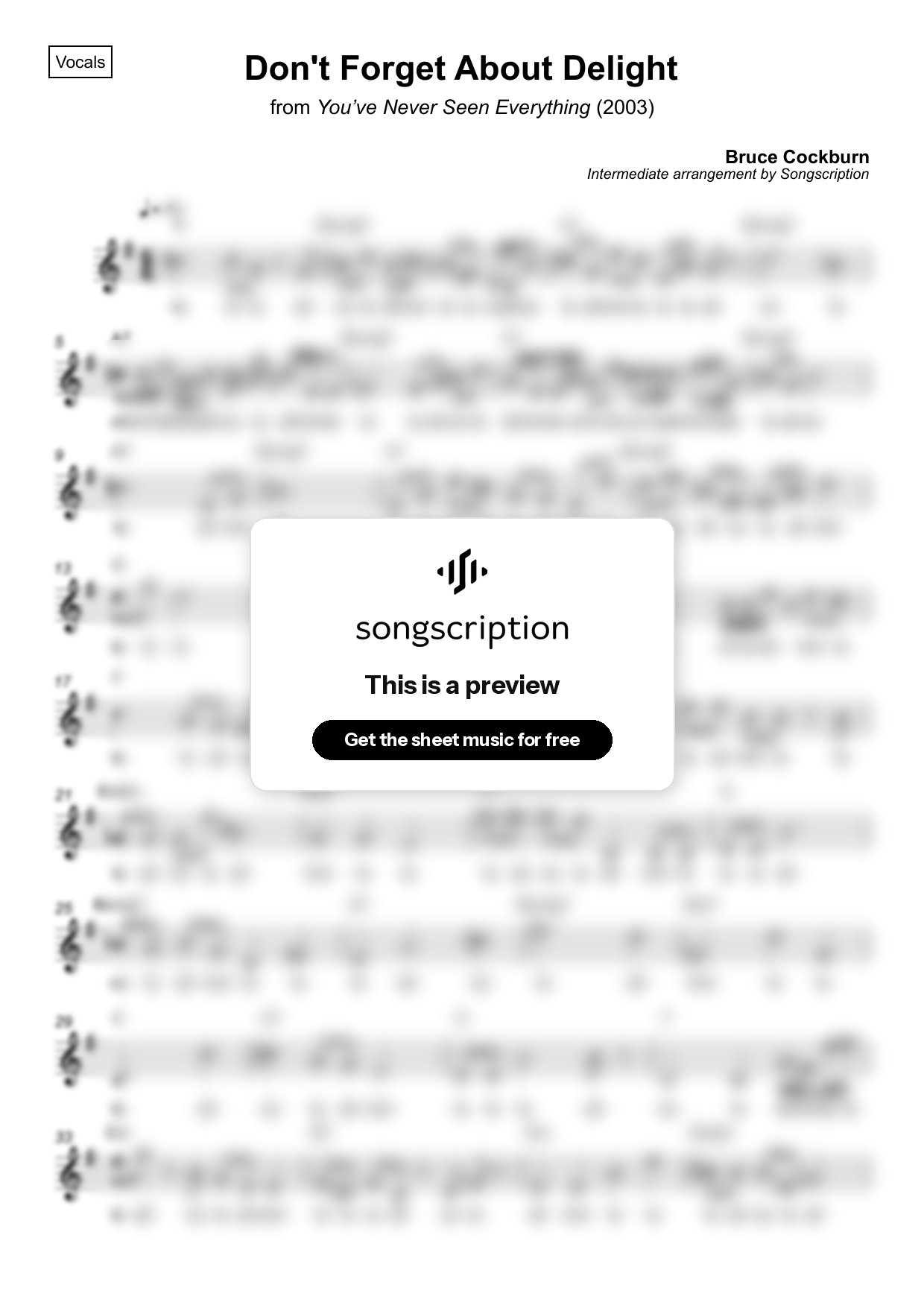 Intermediate Vocals Sheet Music for "Don't Forget About Delight" by Bruce Cockburn
