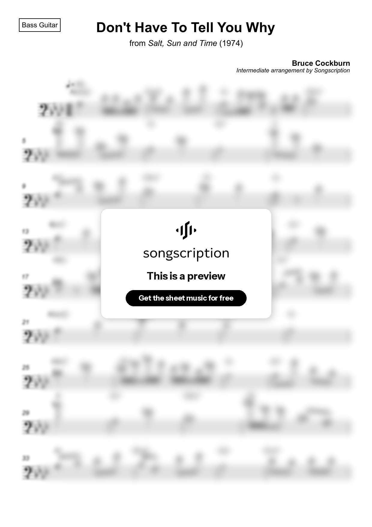 Intermediate Bass Guitar Sheet Music for "Don't Have To Tell You Why" by Bruce Cockburn