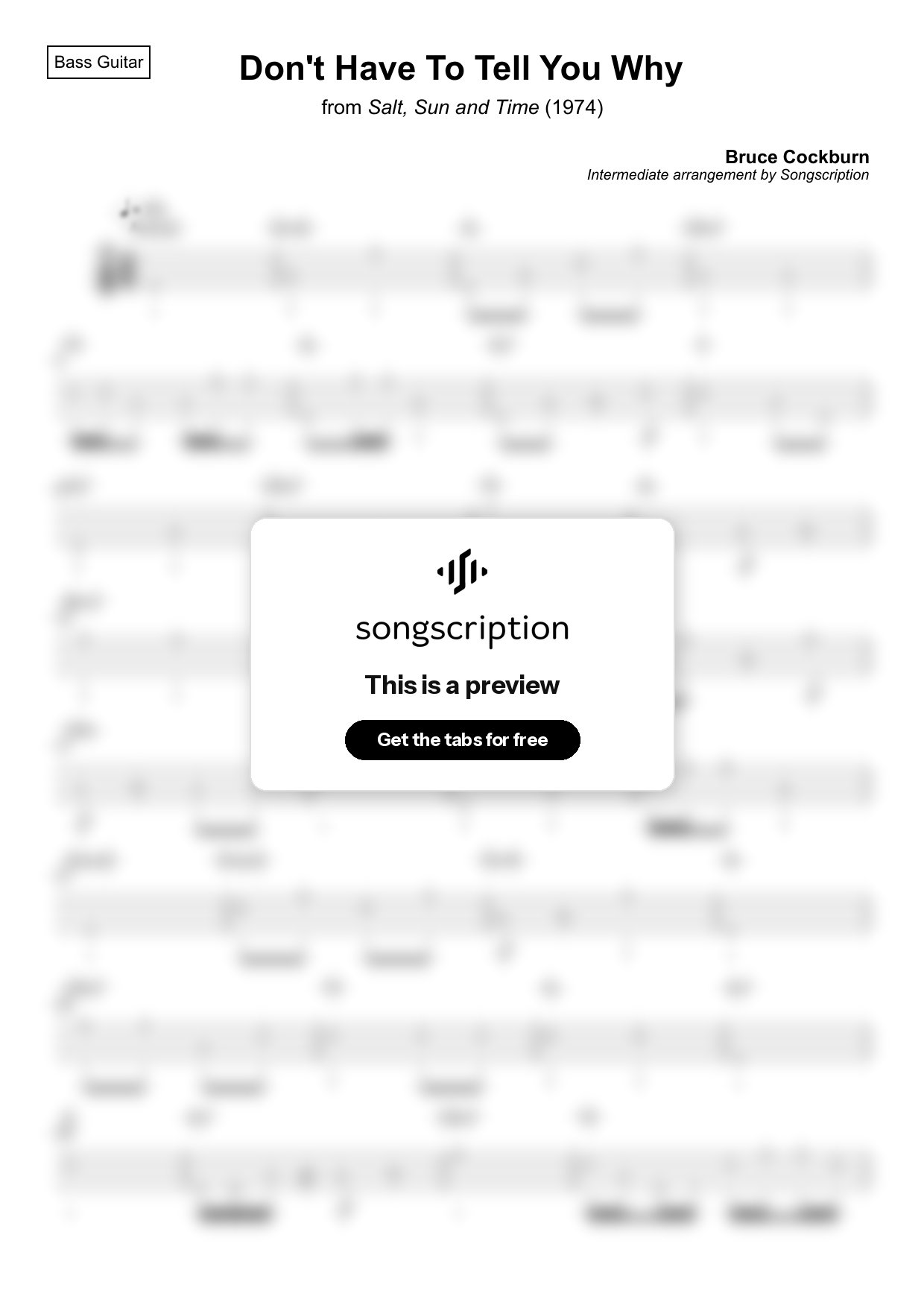 Intermediate Bass Guitar Tabs for "Don't Have To Tell You Why" by Bruce Cockburn