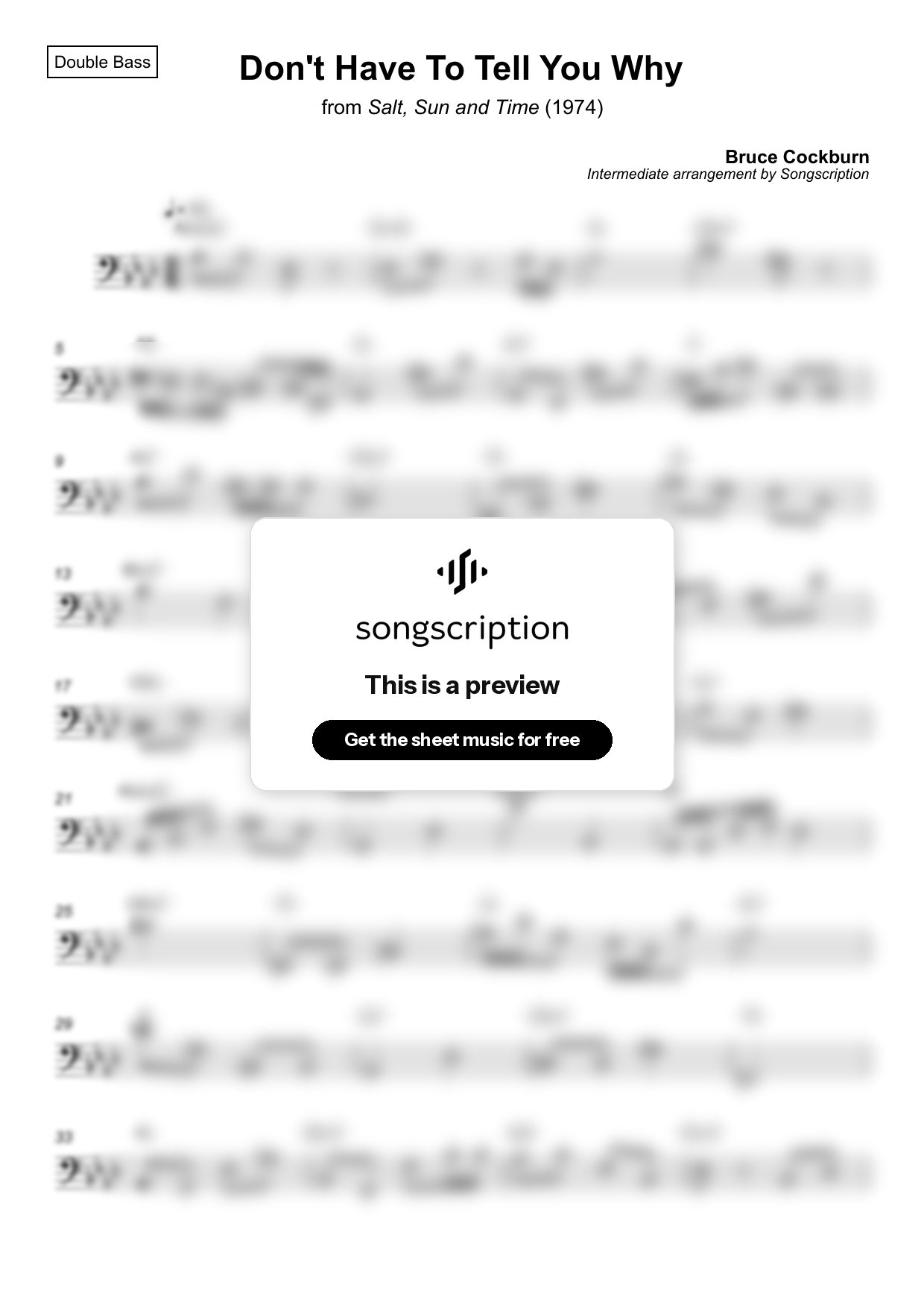 Intermediate Double Bass Sheet Music for "Don't Have To Tell You Why" by Bruce Cockburn