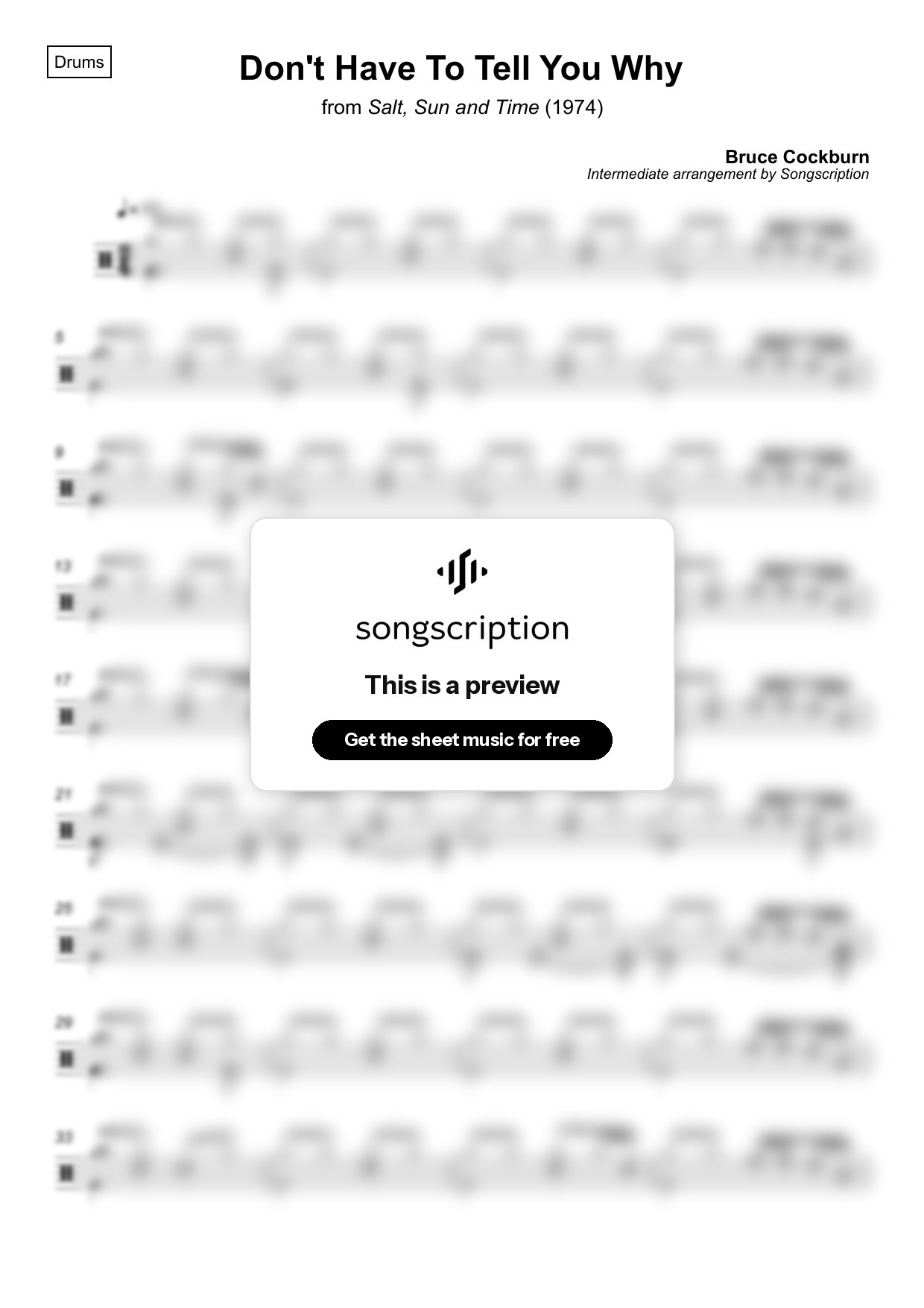 Intermediate Drums Sheet Music for "Don't Have To Tell You Why" by Bruce Cockburn