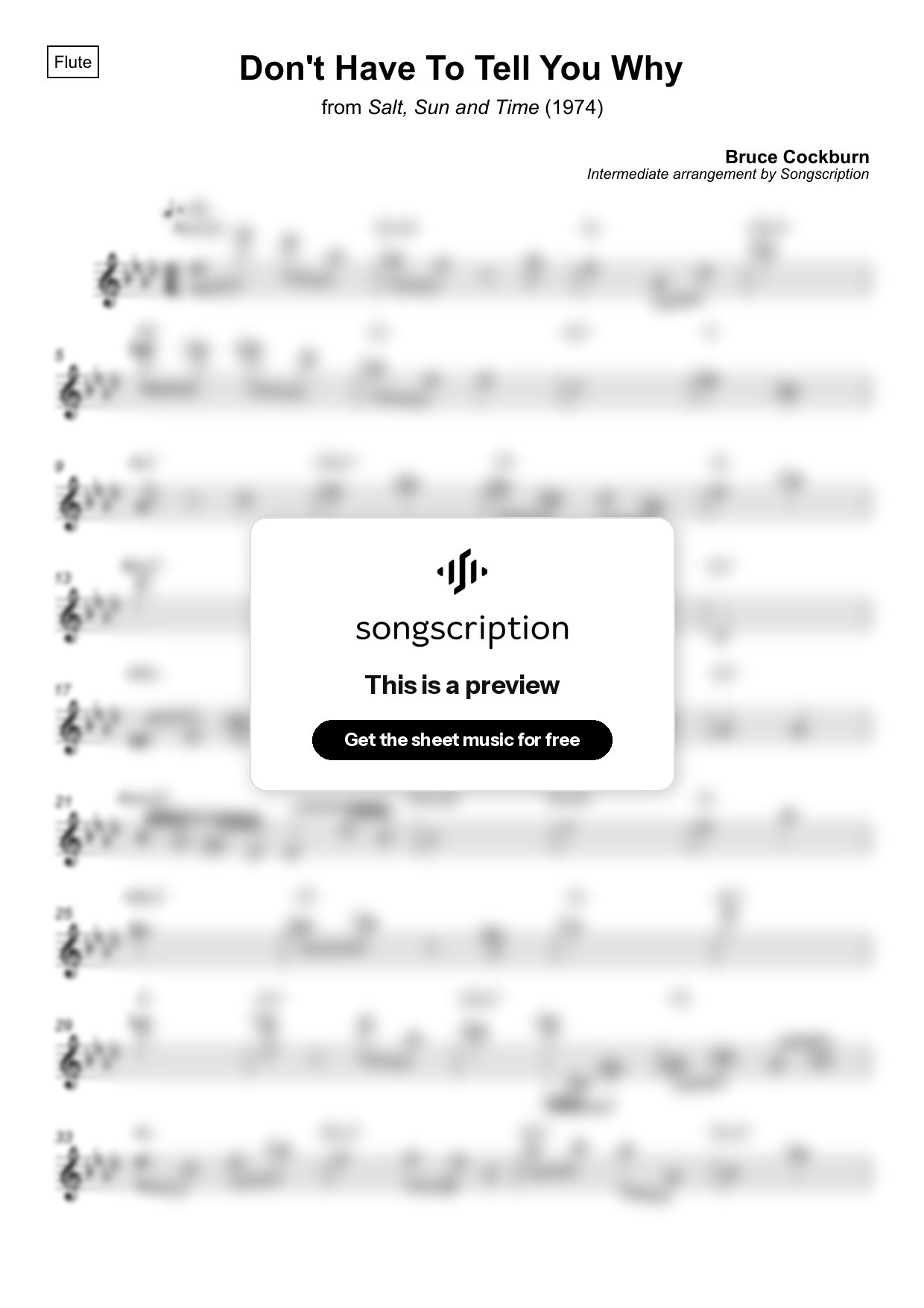 Intermediate Flute Sheet Music for "Don't Have To Tell You Why" by Bruce Cockburn