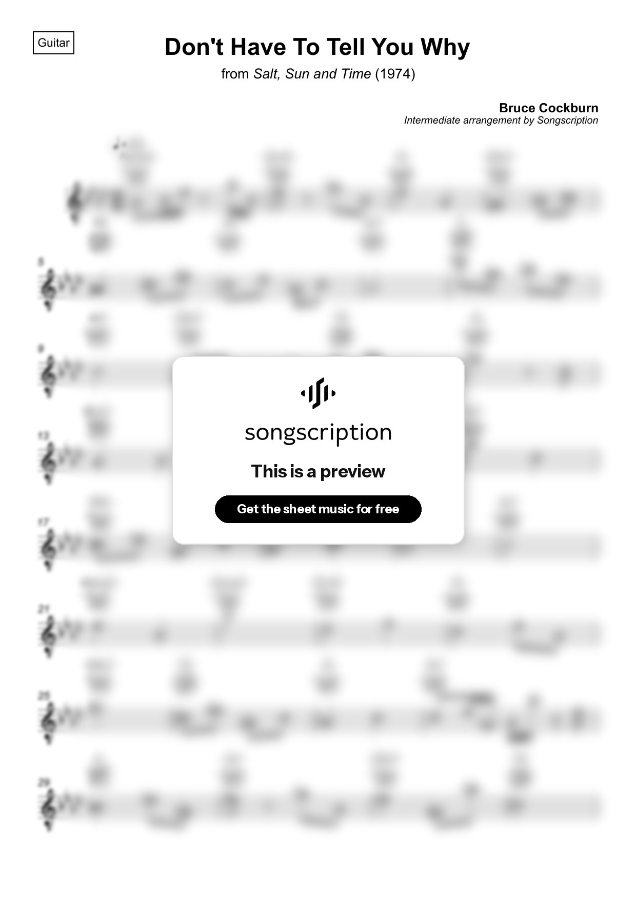 Intermediate Acoustic Guitar Sheet Music for "Don't Have To Tell You Why" by Bruce Cockburn