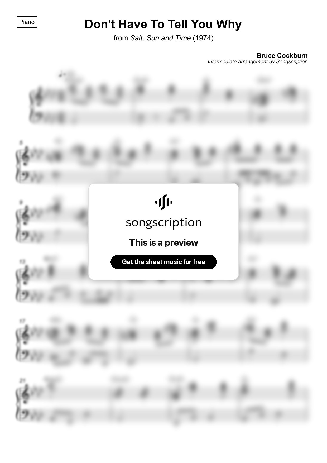 Intermediate Piano Sheet Music for "Don't Have To Tell You Why" by Bruce Cockburn