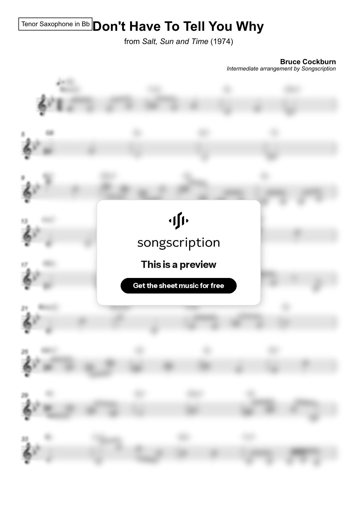 Intermediate Tenor Sax Sheet Music for "Don't Have To Tell You Why" by Bruce Cockburn