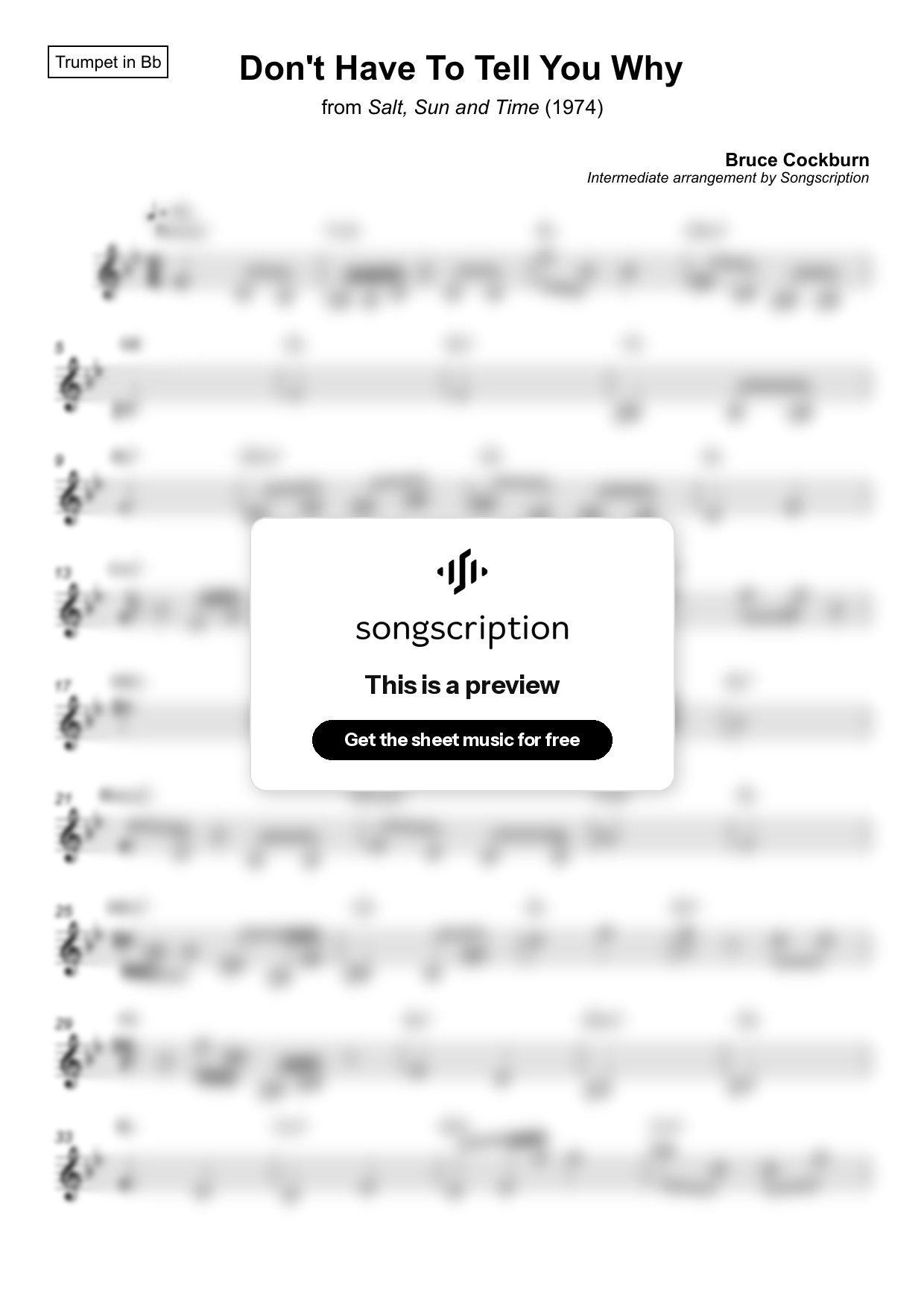 Intermediate Trumpet Sheet Music for "Don't Have To Tell You Why" by Bruce Cockburn