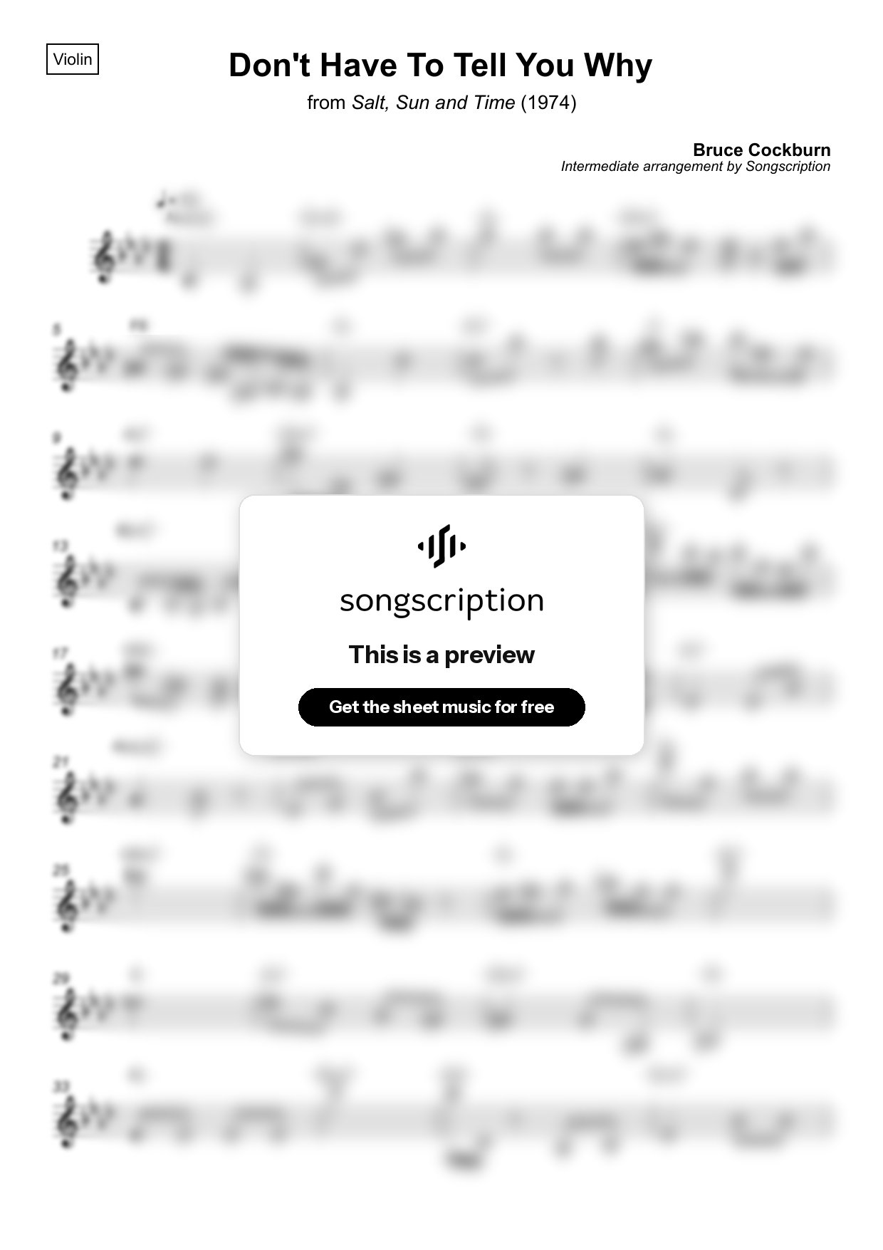 Intermediate Violin Sheet Music for "Don't Have To Tell You Why" by Bruce Cockburn