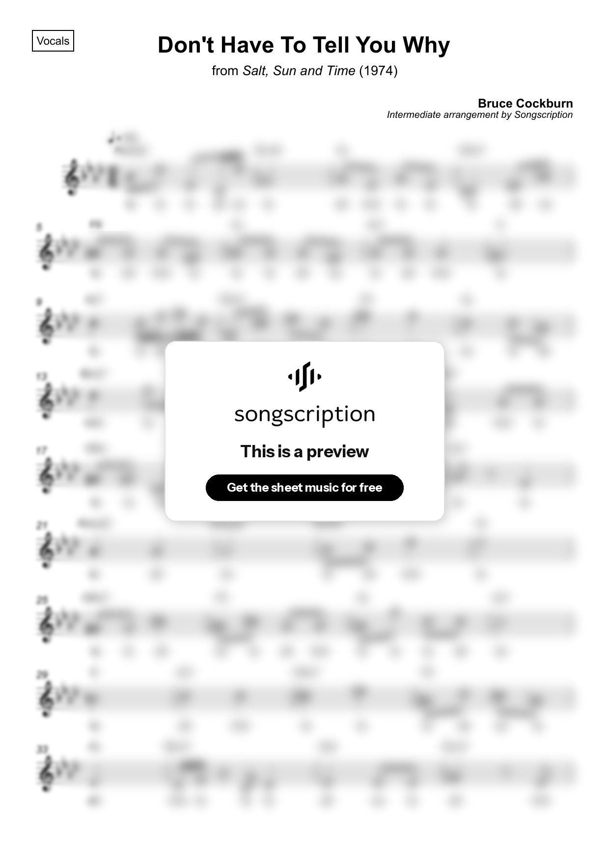 Intermediate Vocals Sheet Music for "Don't Have To Tell You Why" by Bruce Cockburn