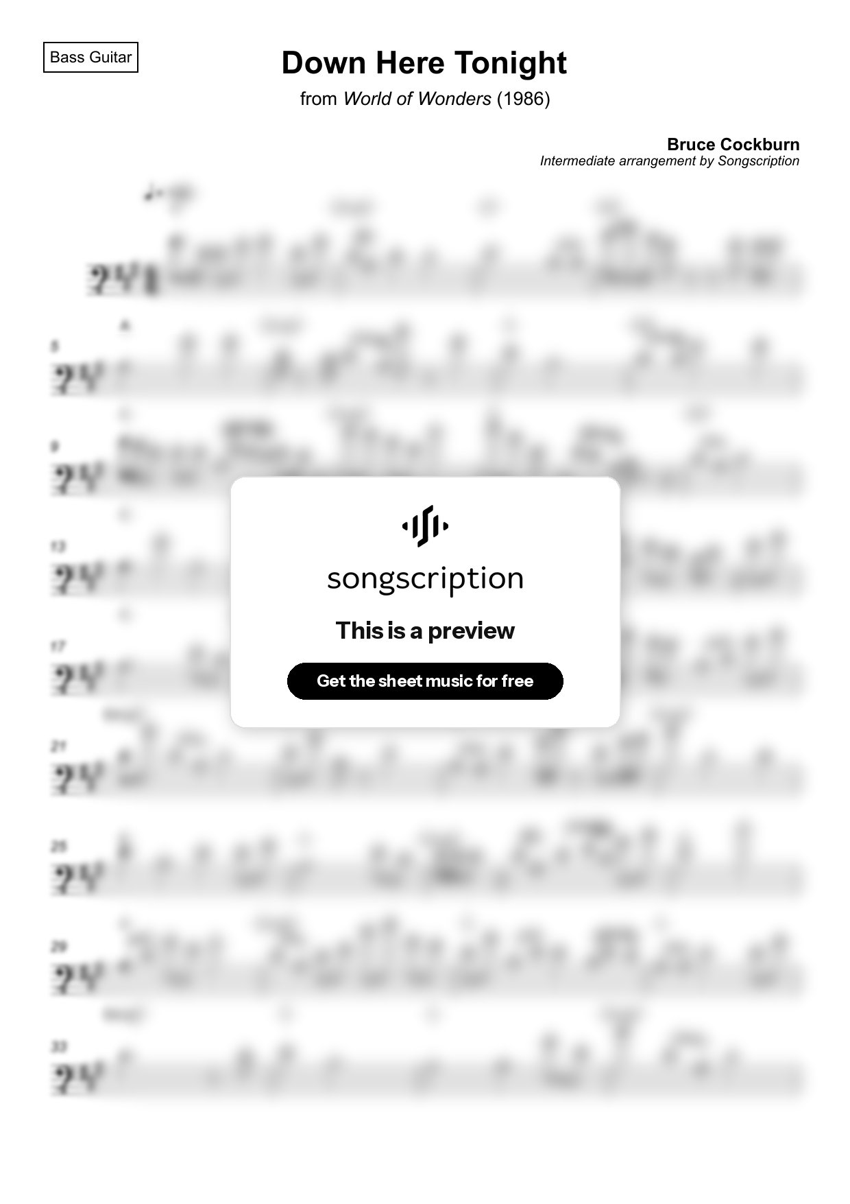 Intermediate Bass Guitar Sheet Music for "Down Here Tonight" by Bruce Cockburn
