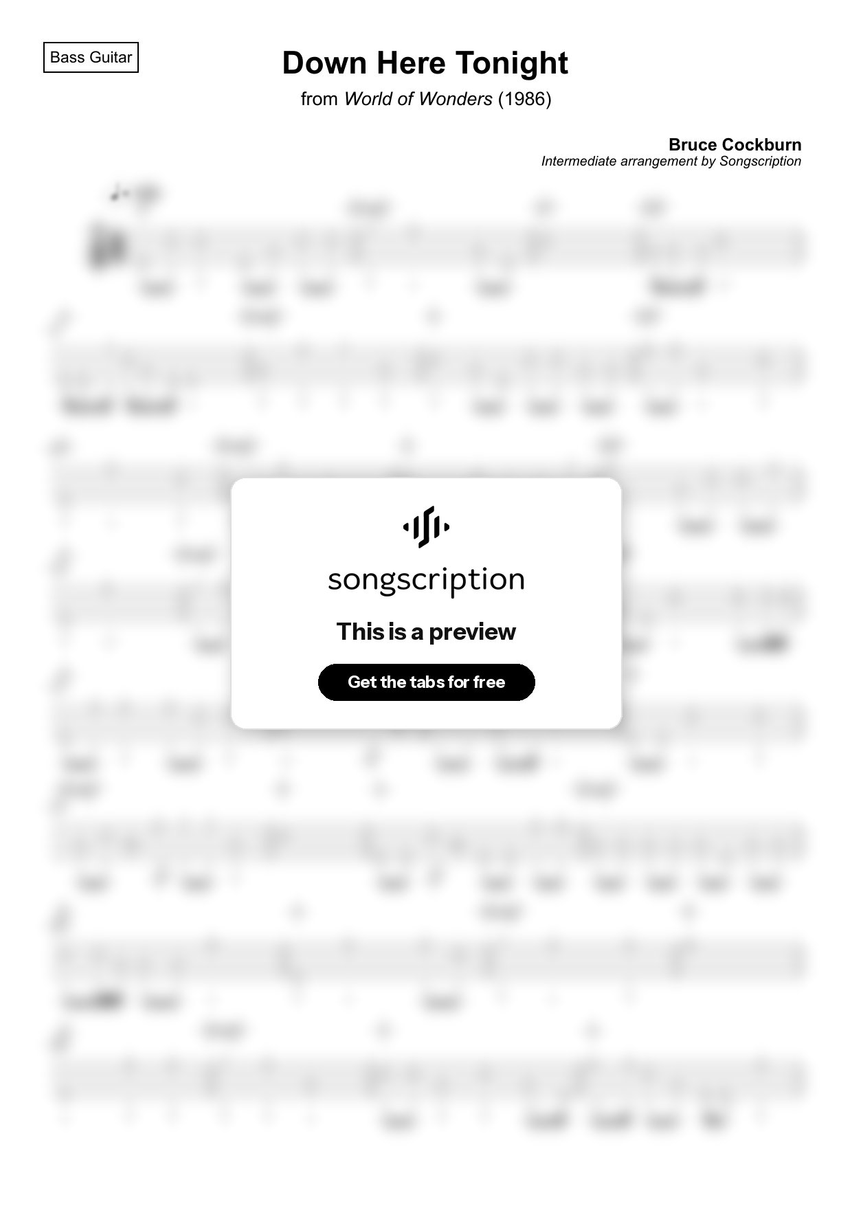 Intermediate Bass Guitar Tabs for "Down Here Tonight" by Bruce Cockburn