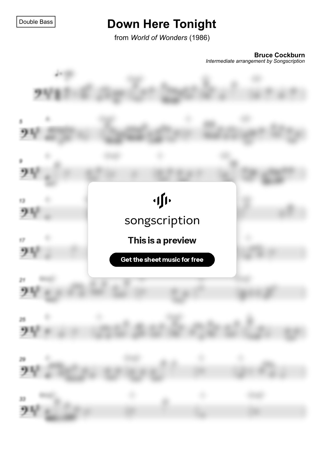 Intermediate Double Bass Sheet Music for "Down Here Tonight" by Bruce Cockburn