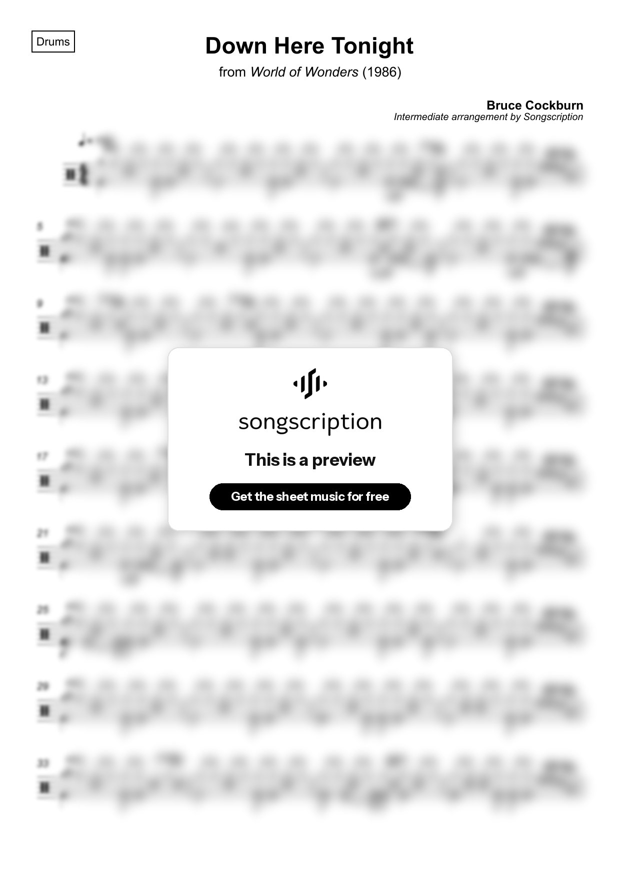 Intermediate Drums Sheet Music for "Down Here Tonight" by Bruce Cockburn