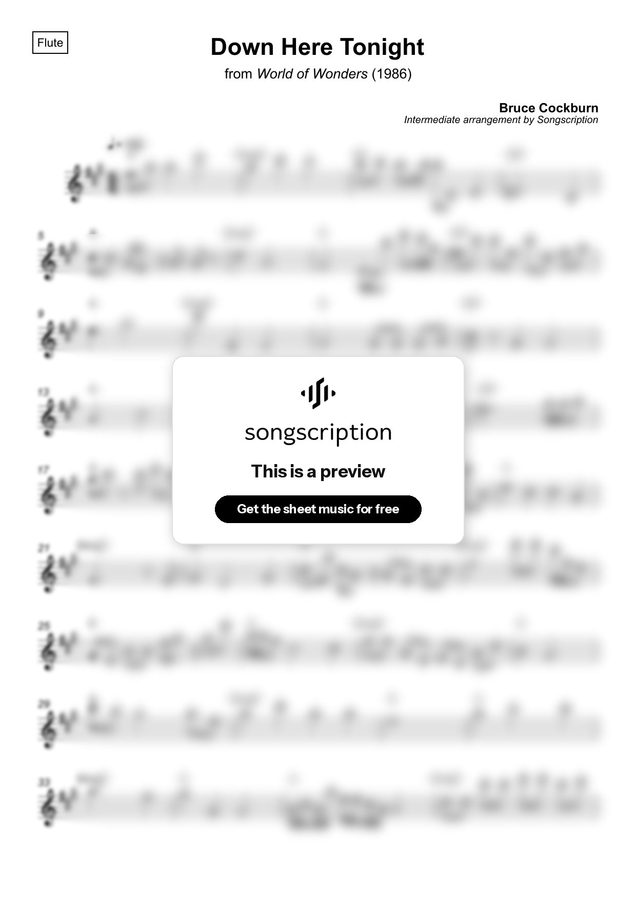 Intermediate Flute Sheet Music for "Down Here Tonight" by Bruce Cockburn
