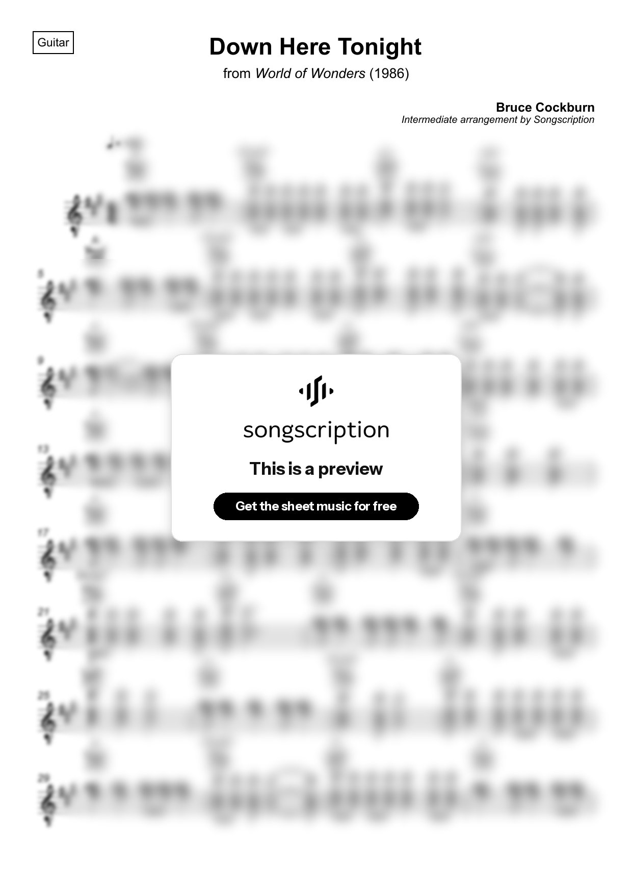Intermediate Acoustic Guitar Sheet Music for "Down Here Tonight" by Bruce Cockburn