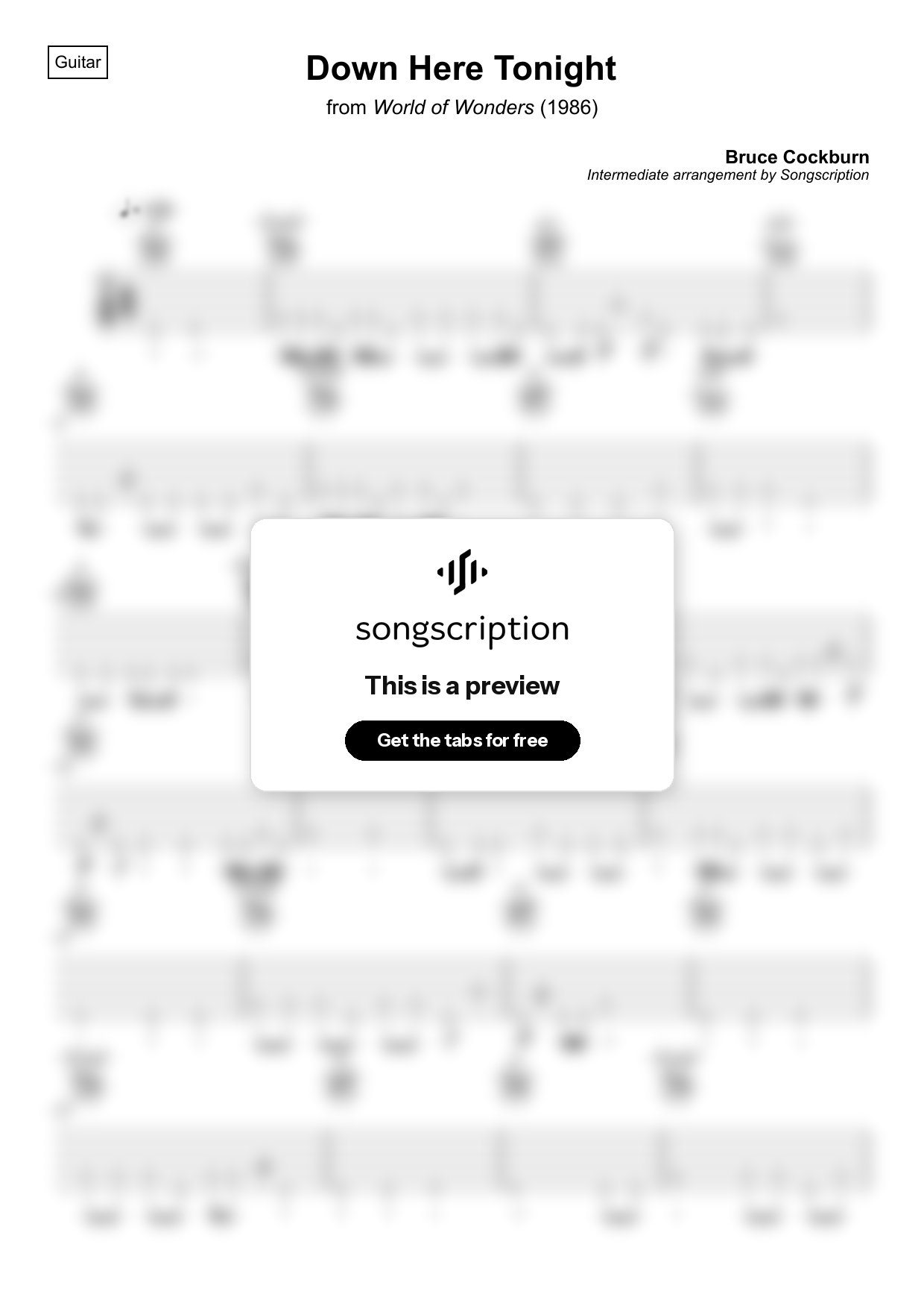 Intermediate Acoustic Guitar Tabs for "Down Here Tonight" by Bruce Cockburn